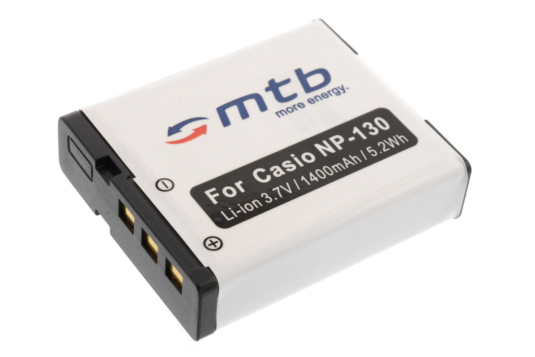 Weißer und schwarzer Akku für die Kamera mit dem Text "mtb more energy" und "For Casio NP-130".
