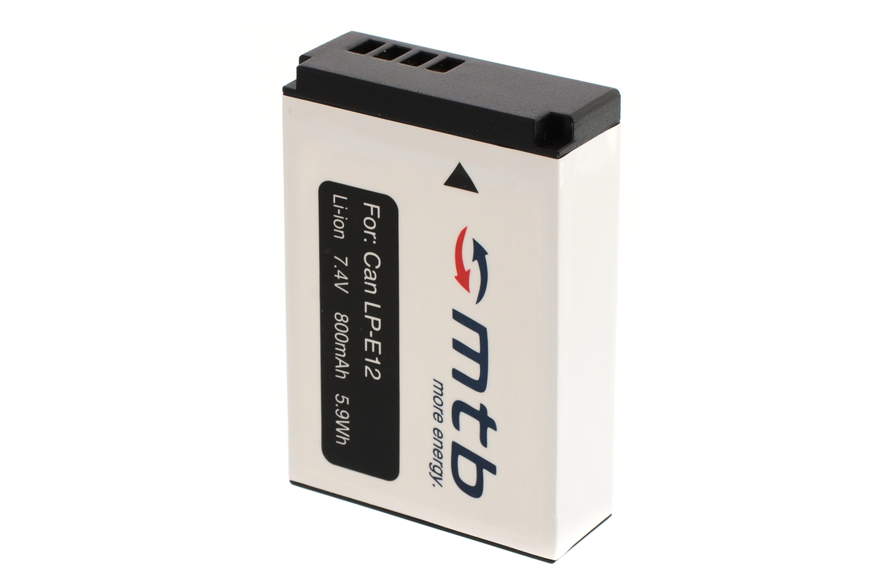 Kamera-Akku mit weißem Gehäuse und schwarzem Deckel. Text: For Can LP-E12, 7.4V, 800mAh.
