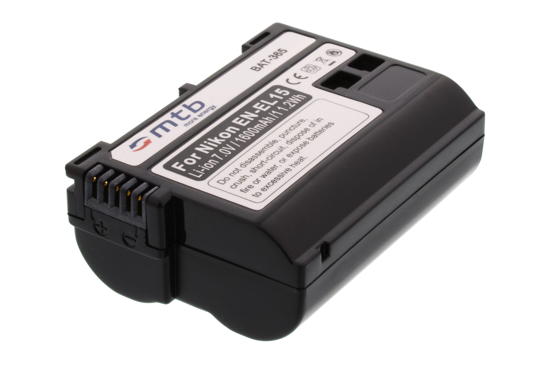 Schwarzer Akku mit weißem Etikett. Text: Für Nikon EN-EL15, Li-ion 7.0V/1600mAh/11.2Wh.