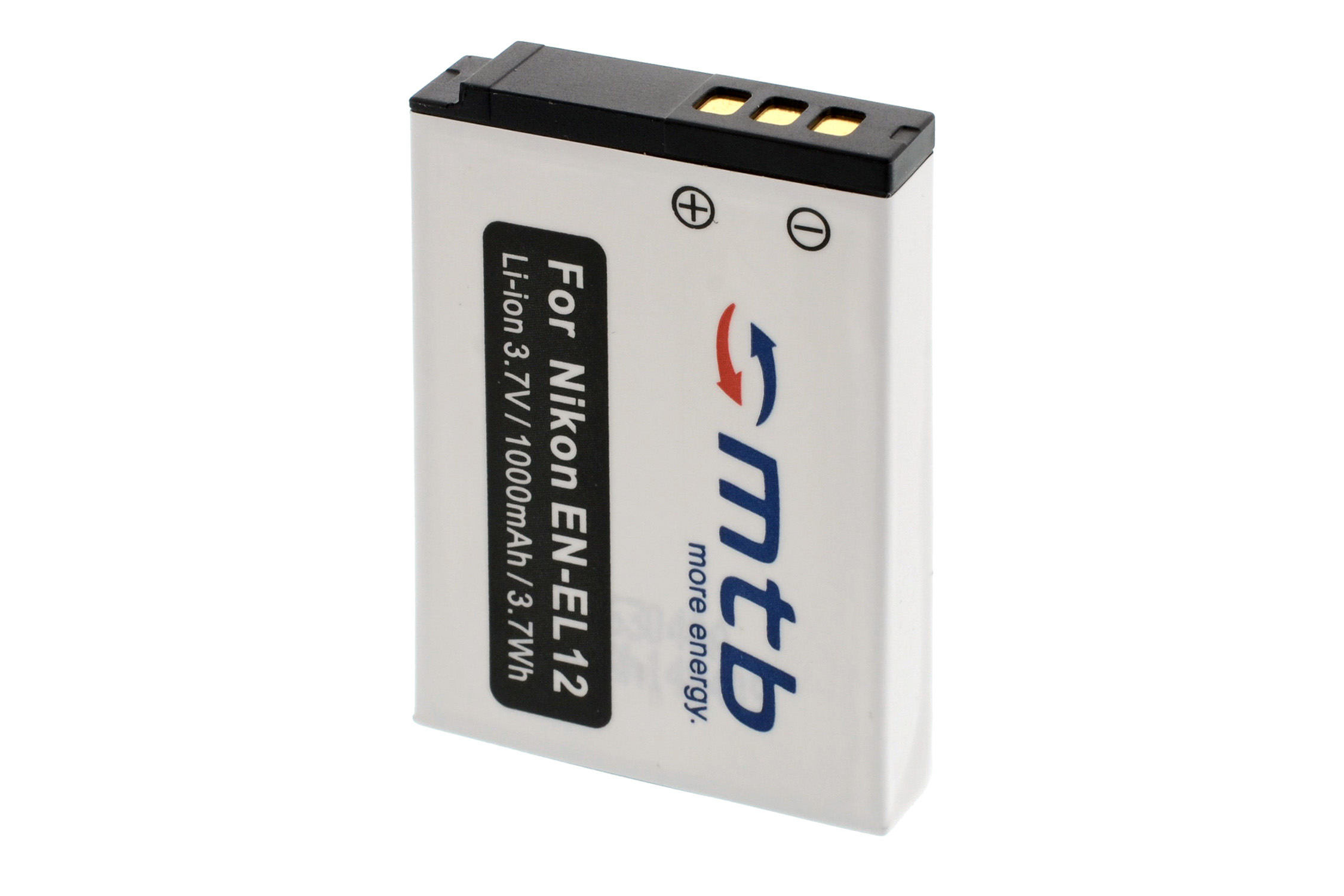 Weiße Nikon-Kamera-Batterie mit schwarzem Deckel und Etikett. Text: For Nikon EN-EL12 Li-ion 3.7V/1000mAh/3.7Wh.