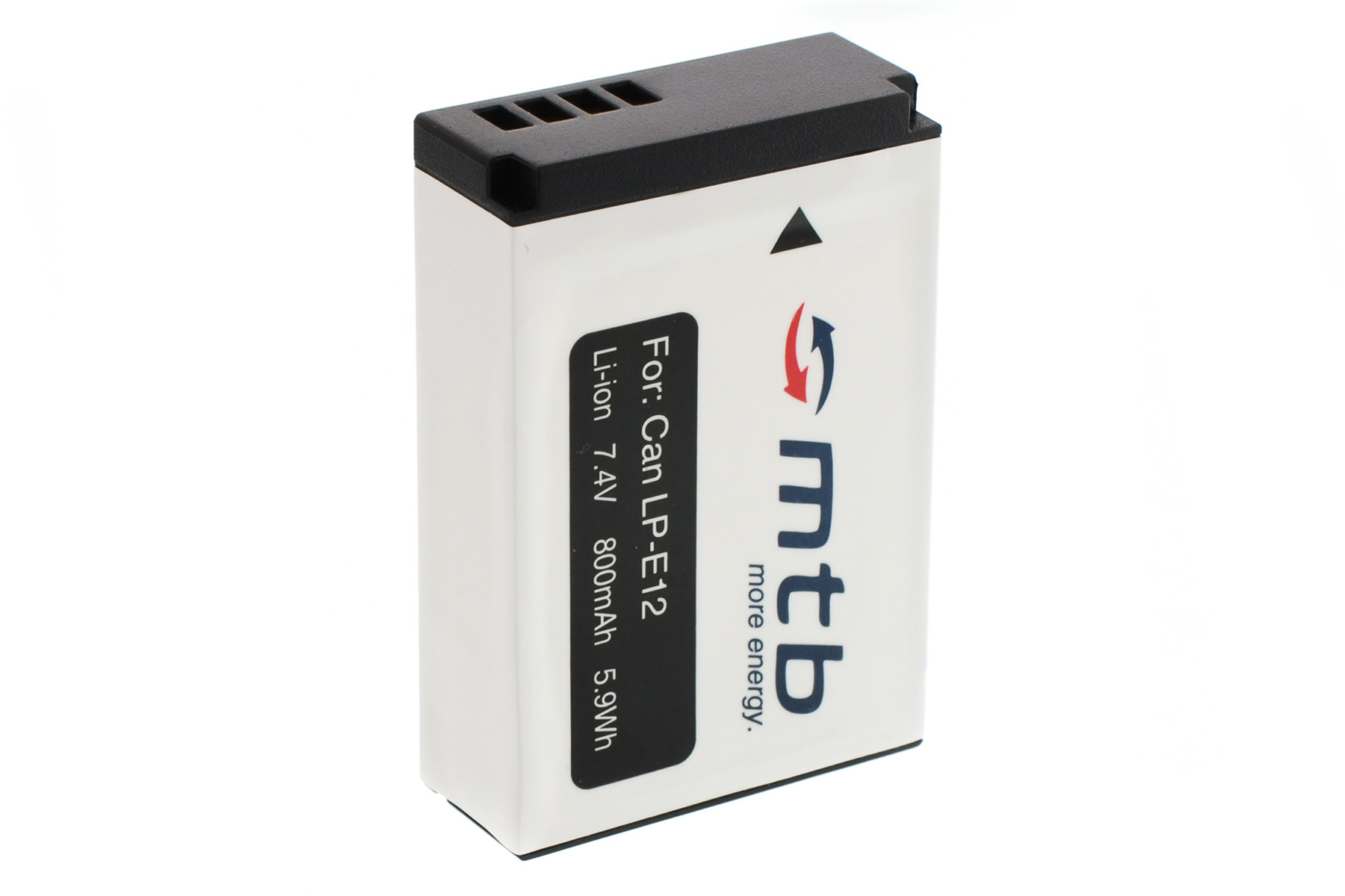 Weiße Kamera-Batterie mit schwarzem Deckel und Text. Die Batterie ist beschriftet und hat ein Logo.