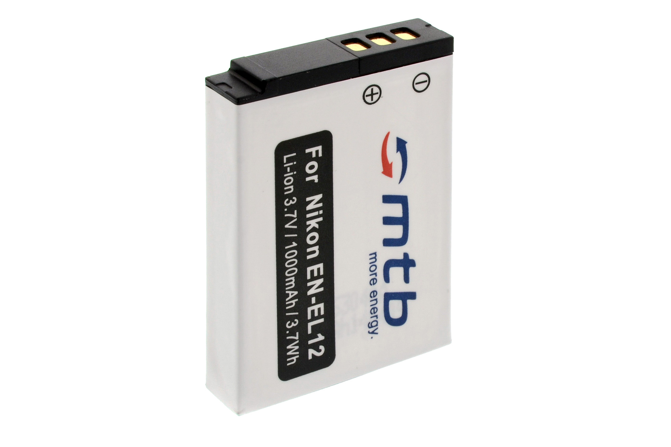 Weiße und schwarze Nikon Kamera-Batterie. Text lautet 'For Nikon EN-EL12'.