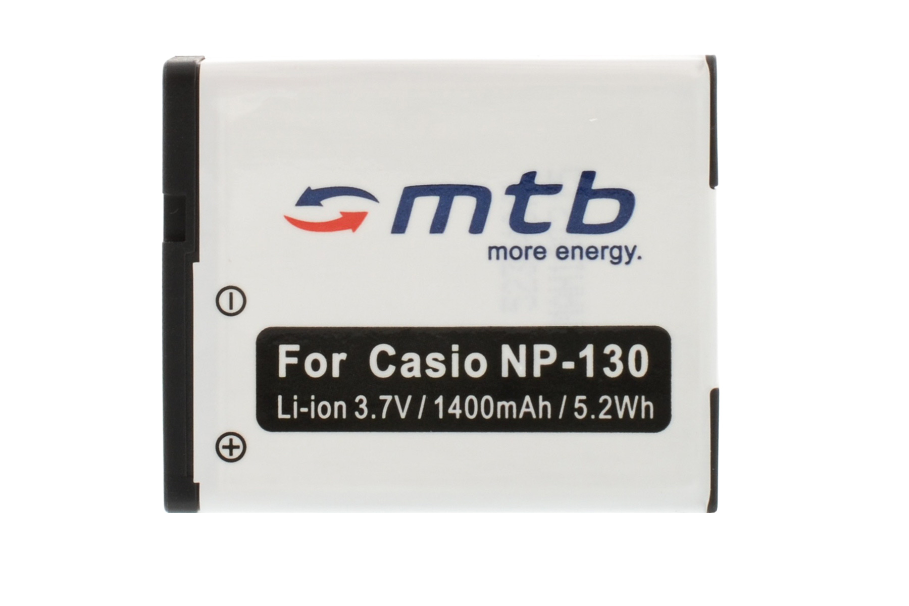 Weiße Casio NP-130 Batterie mit schwarzen Details. MTB-Logo und Text darauf gedruckt.