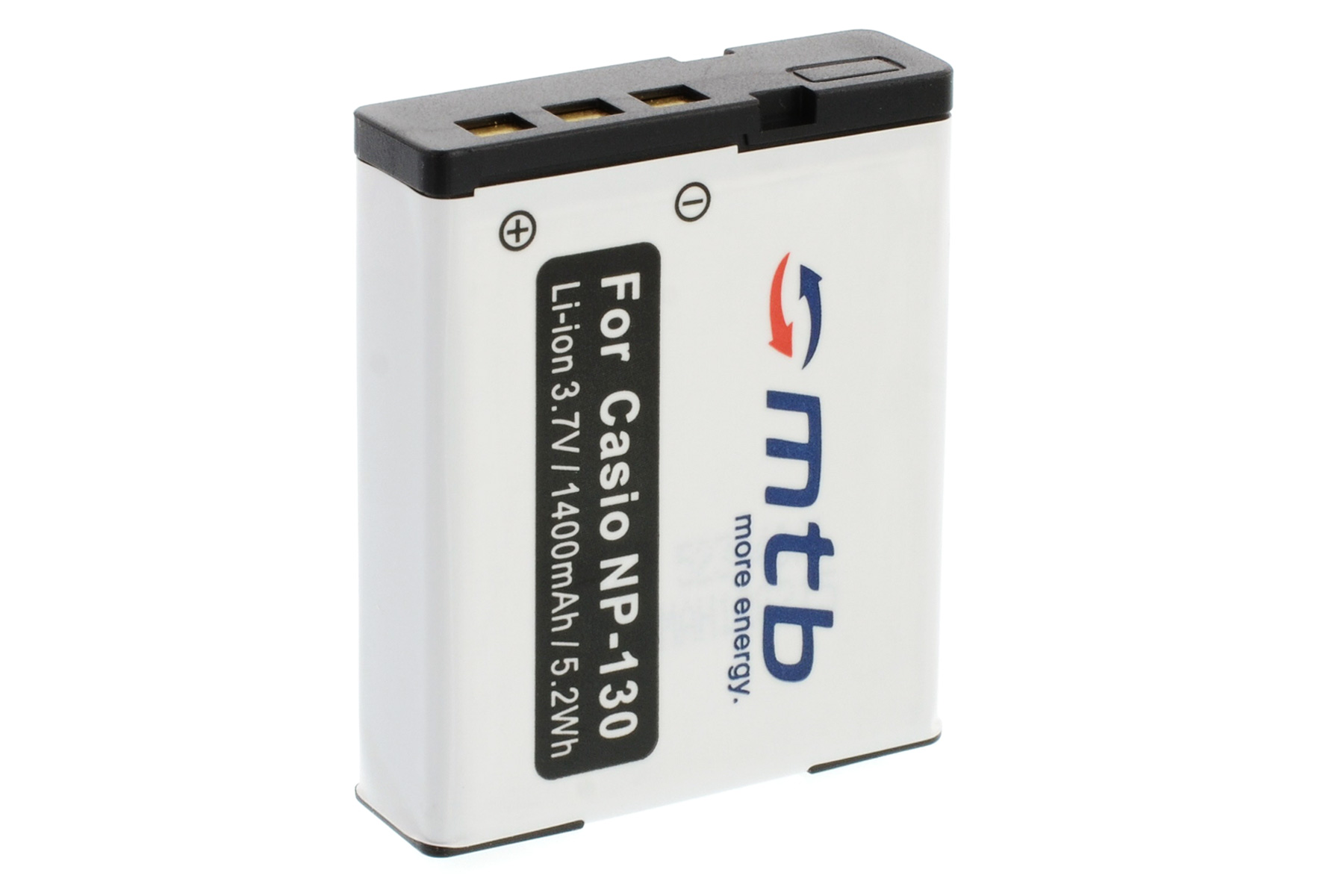 Weiß-schwarze Kamera-Batterie. Text sagt für Casio NP-130, 3,7 V/1400 mAh/5,2 Wh. Weißer Hintergrund.