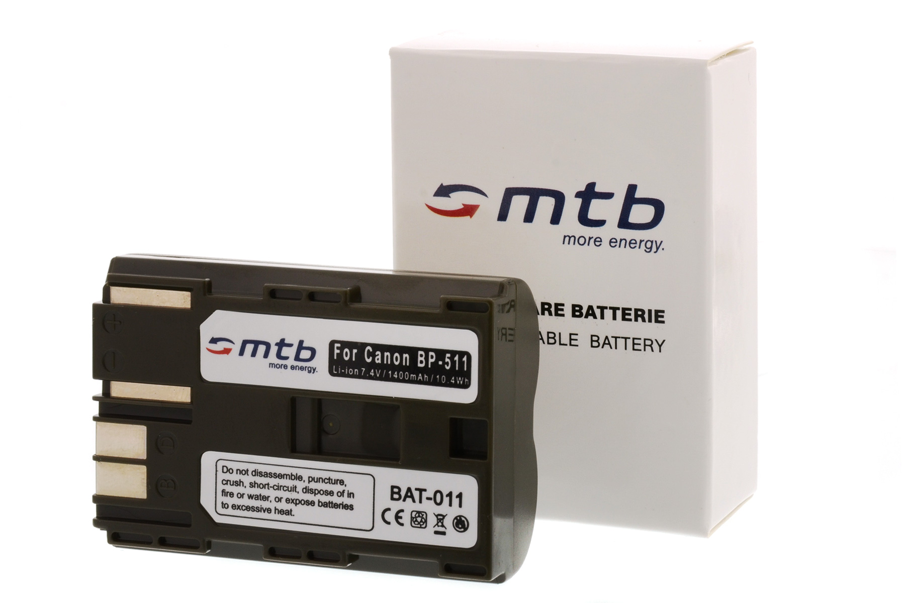 Eine weiße Box mit einer Batterie und Text. Die Batterie ist schwarz mit weißem Text. Die Box hat das MTB-Logo.
