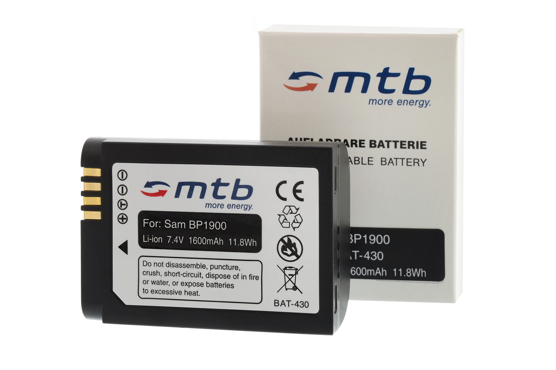 Schwarze Batterie und weiße Box. Batterie beschriftet 'mtb more energy', Box sagt 'wiederaufladbar'.