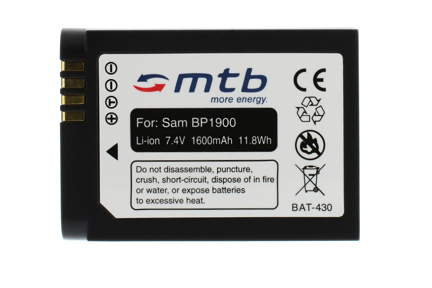 Eine schwarze Batterie mit weißem Etikett. Mit Text und Warnsymbol.