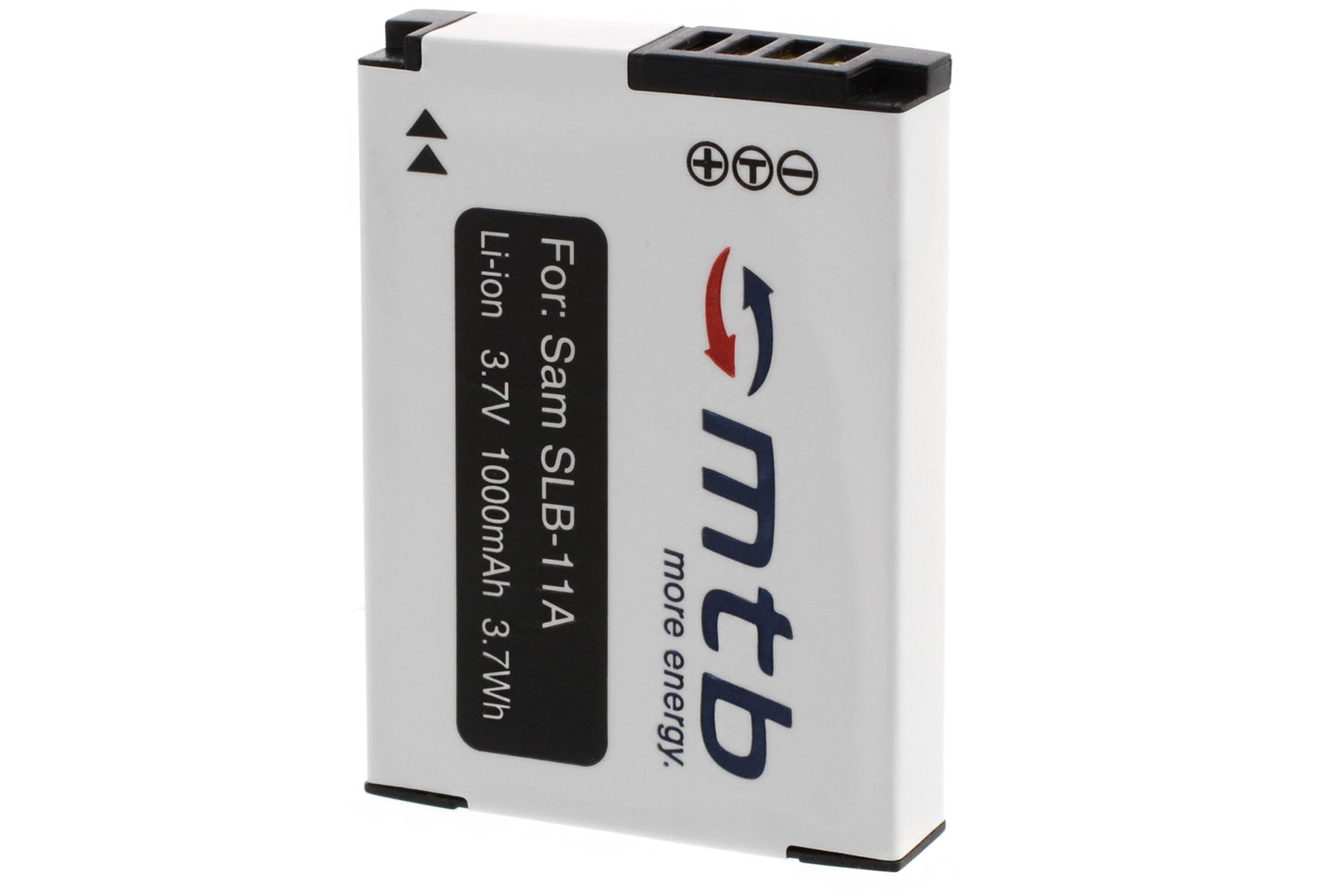 Eine weiß-schwarze Batterie mit Text darauf, auf weißem Hintergrund.