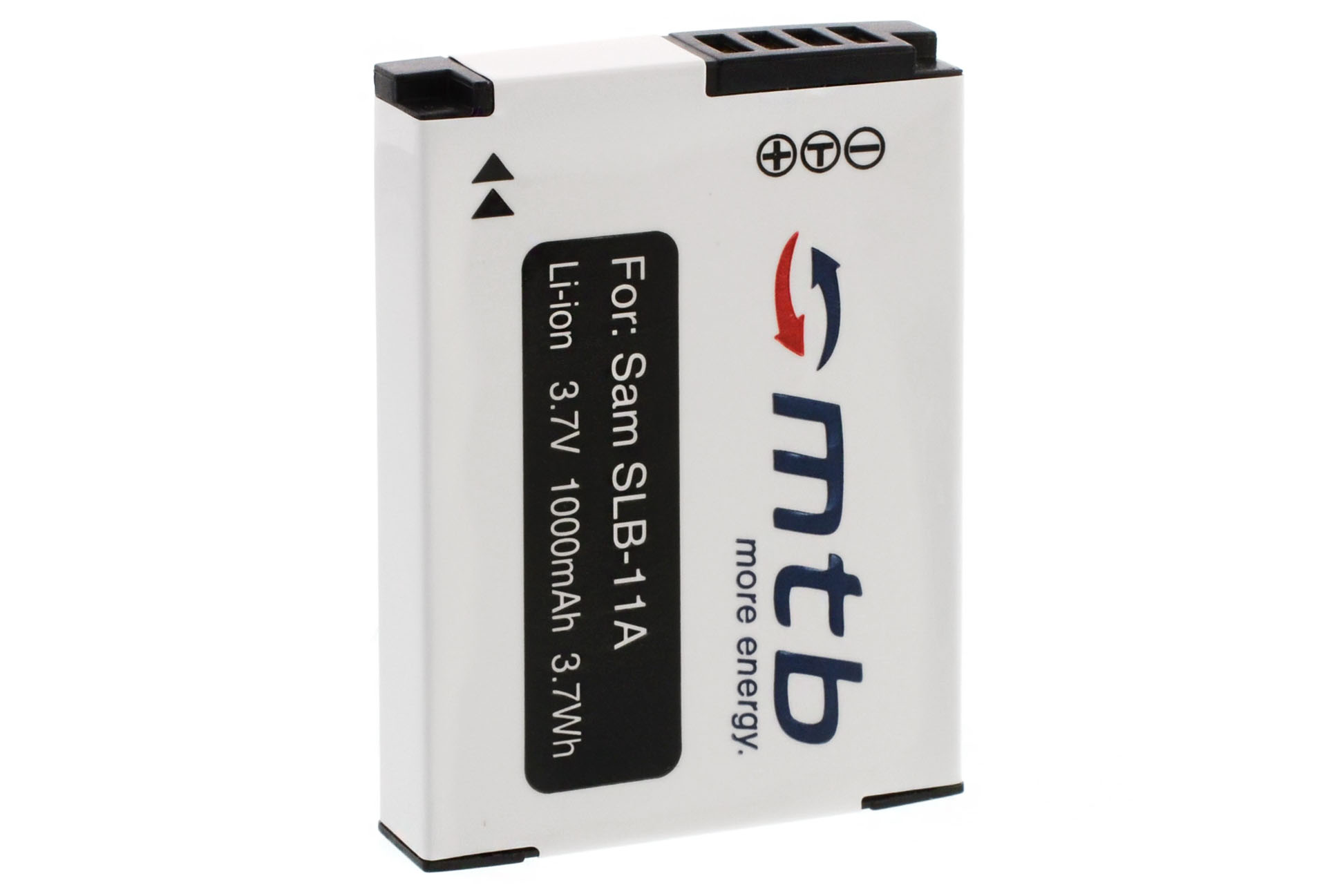 Weiße Batterie mit schwarzem Text und Symbolen. Der Hintergrund ist weiß.