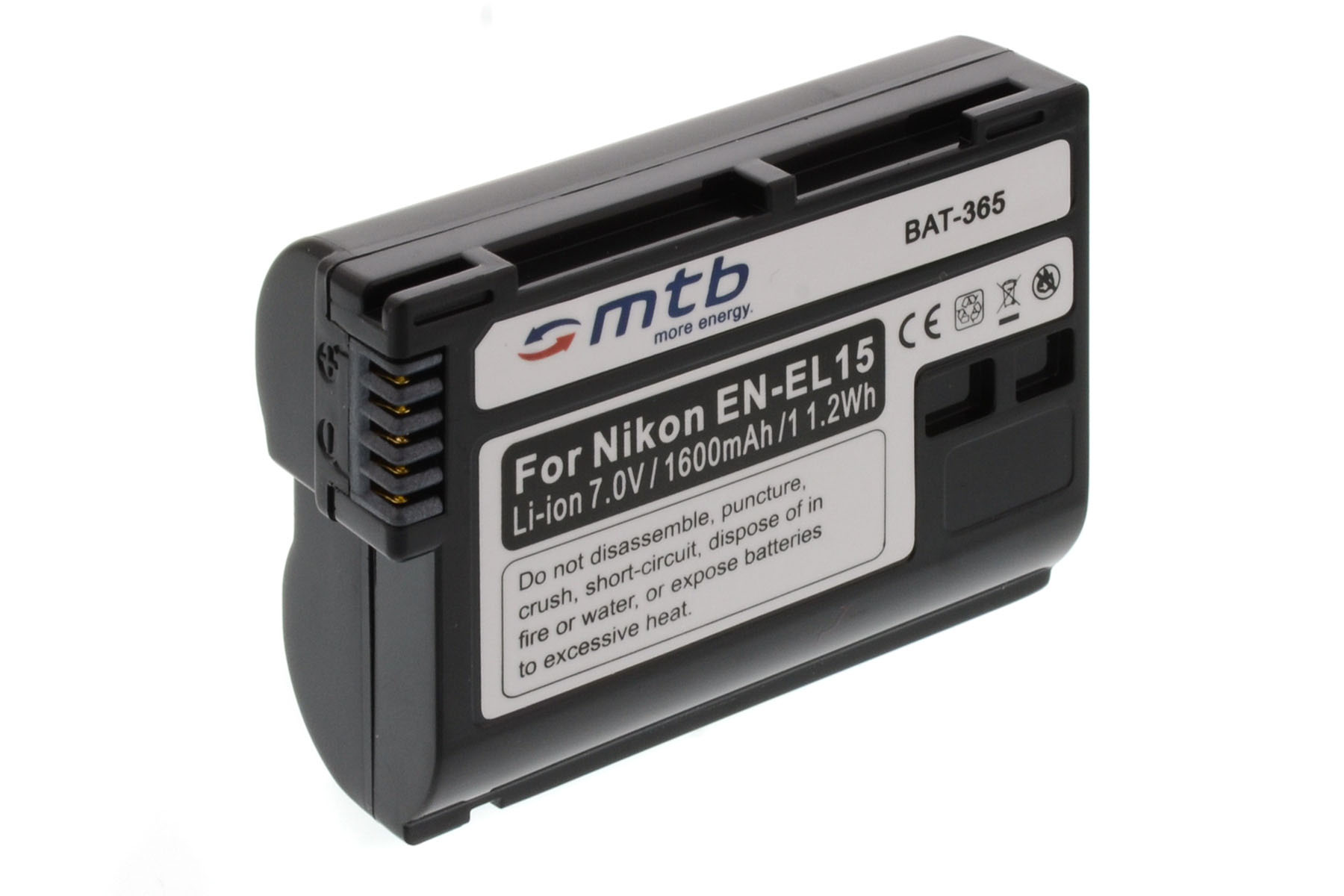 Eine schwarze MTB-Batterie für Nikon EN-EL15 auf weißem Hintergrund.