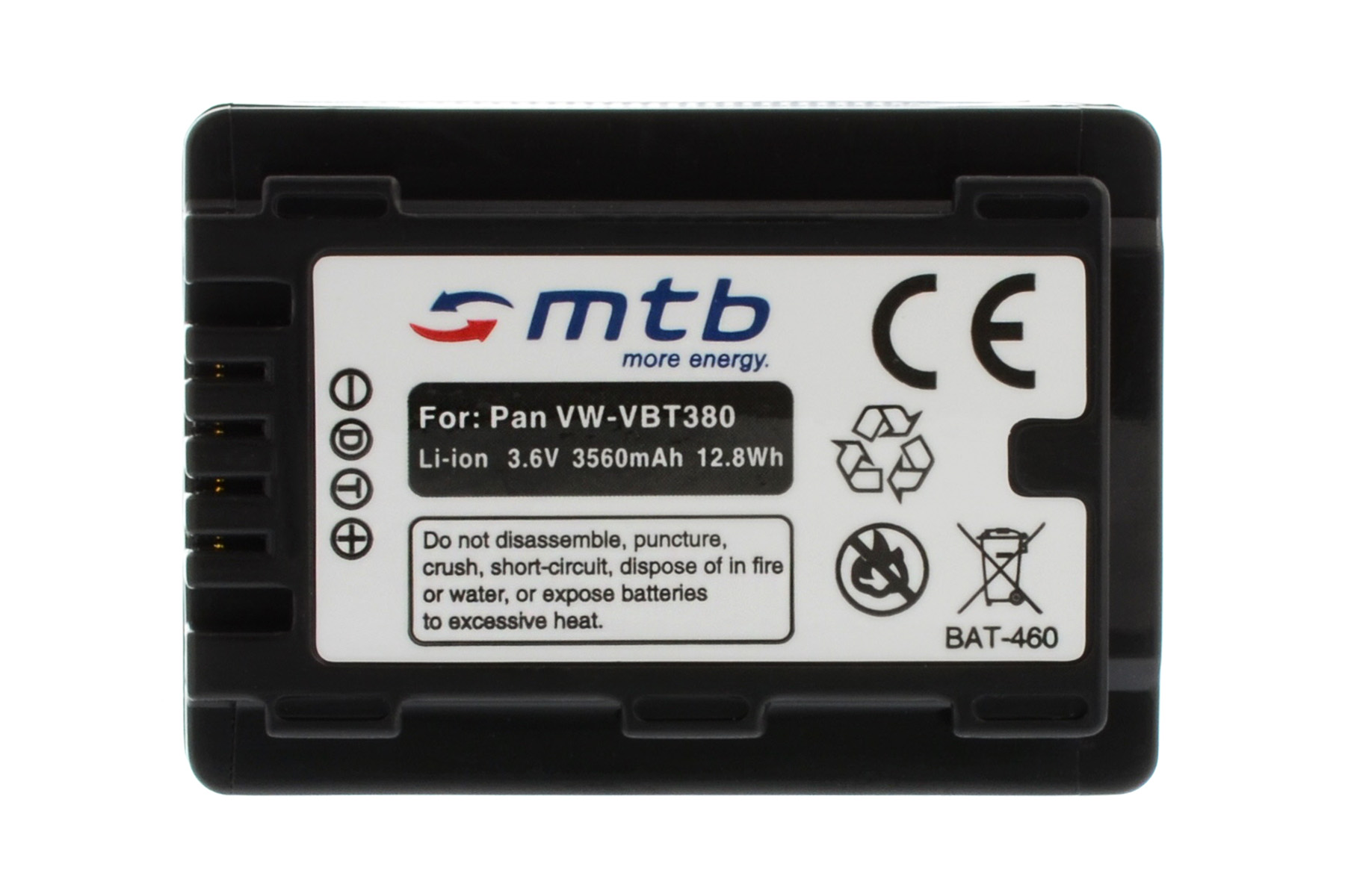 Kamerabatterie, schwarz mit weißem Etikett. Das Etikett sagt "mtb more energy" und "For: Pan VW-VBT380".