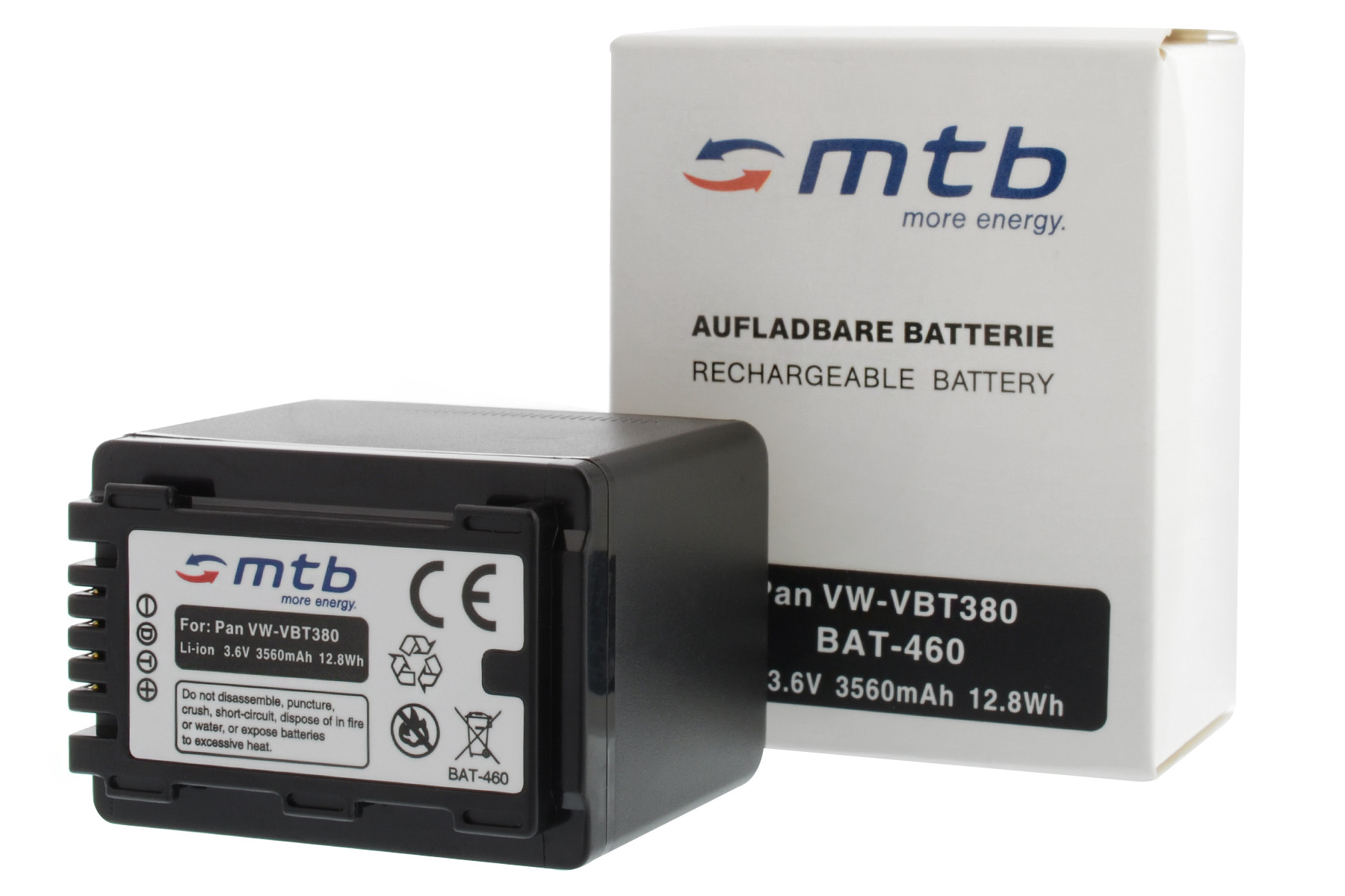 Schwarzer Akku mit der Bezeichnung Pan VW-VBT380, mit einer weißen Box mit Text.