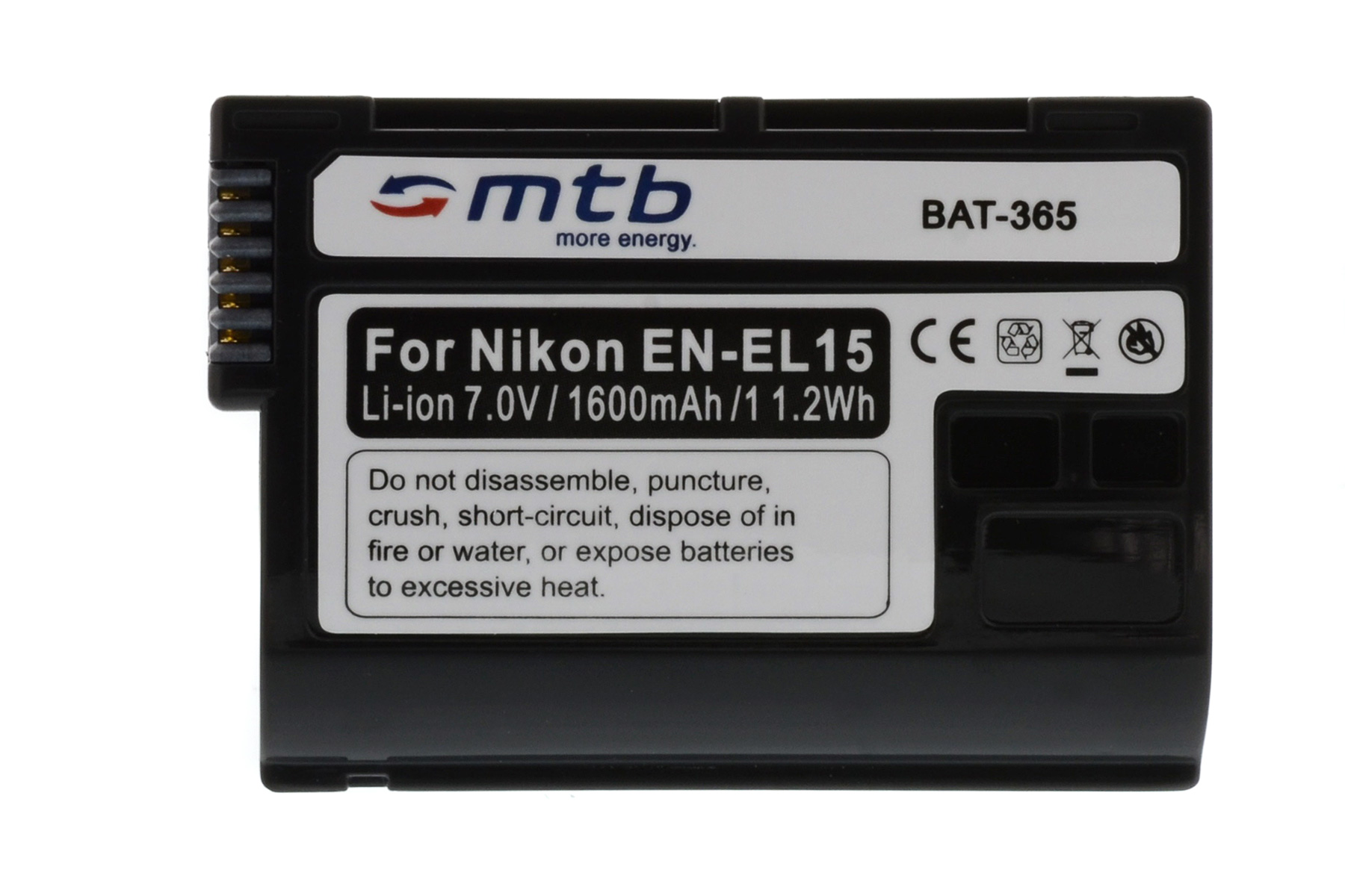Schwarzer Nikon EN-EL15 Akku mit weißem Text, Sicherheitshinweisen und 'mtb more energy' Logo.