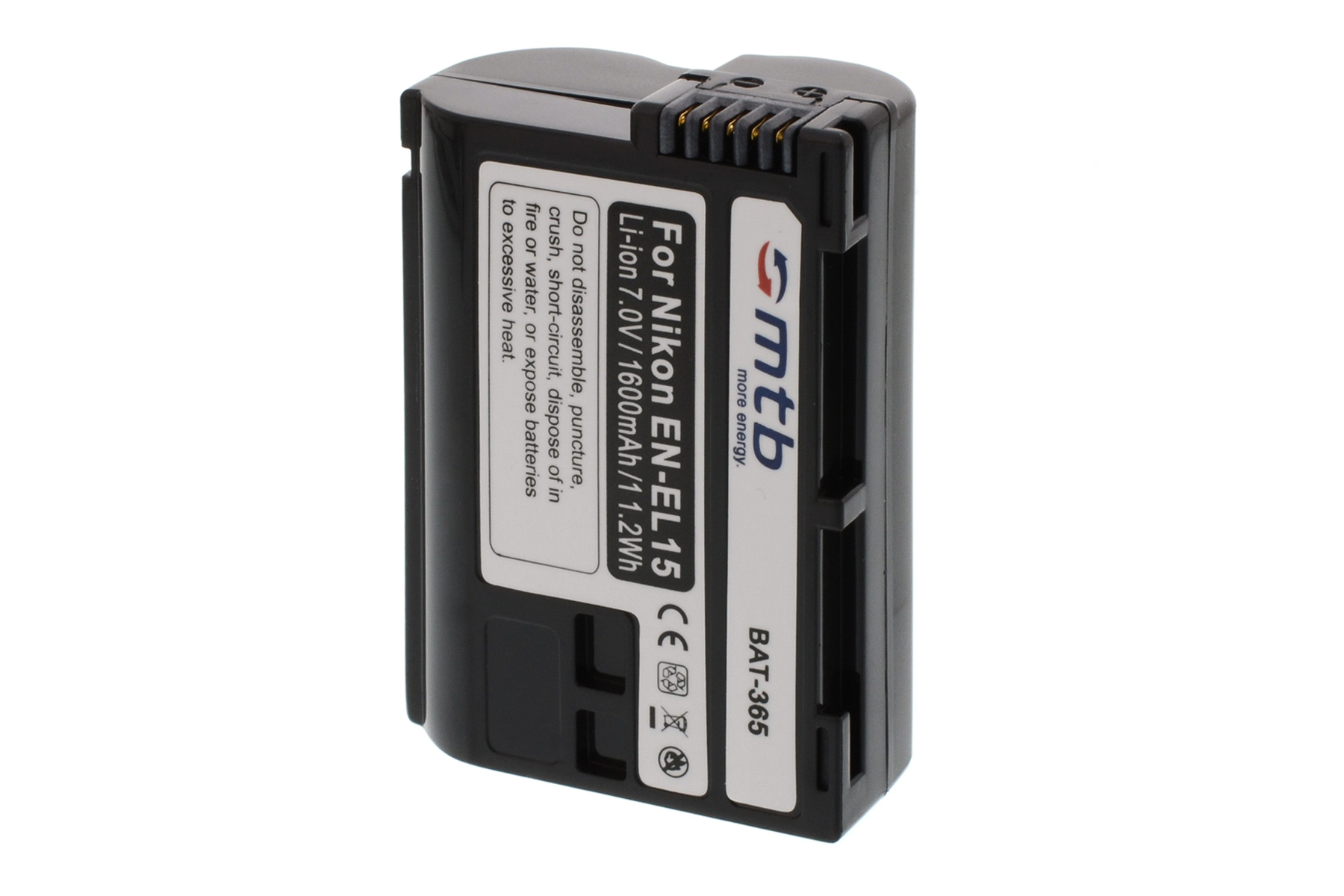 Eine schwarze Batterie für Nikon EN-EL15, mit weißem Text und Logo.
