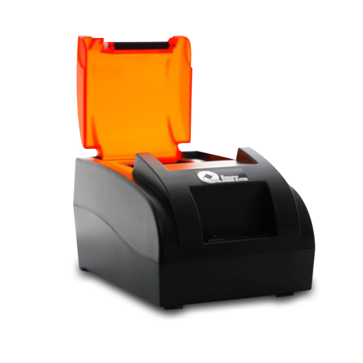 Impresora negra y naranja con tapa naranja abierta, aislada sobre blanco.