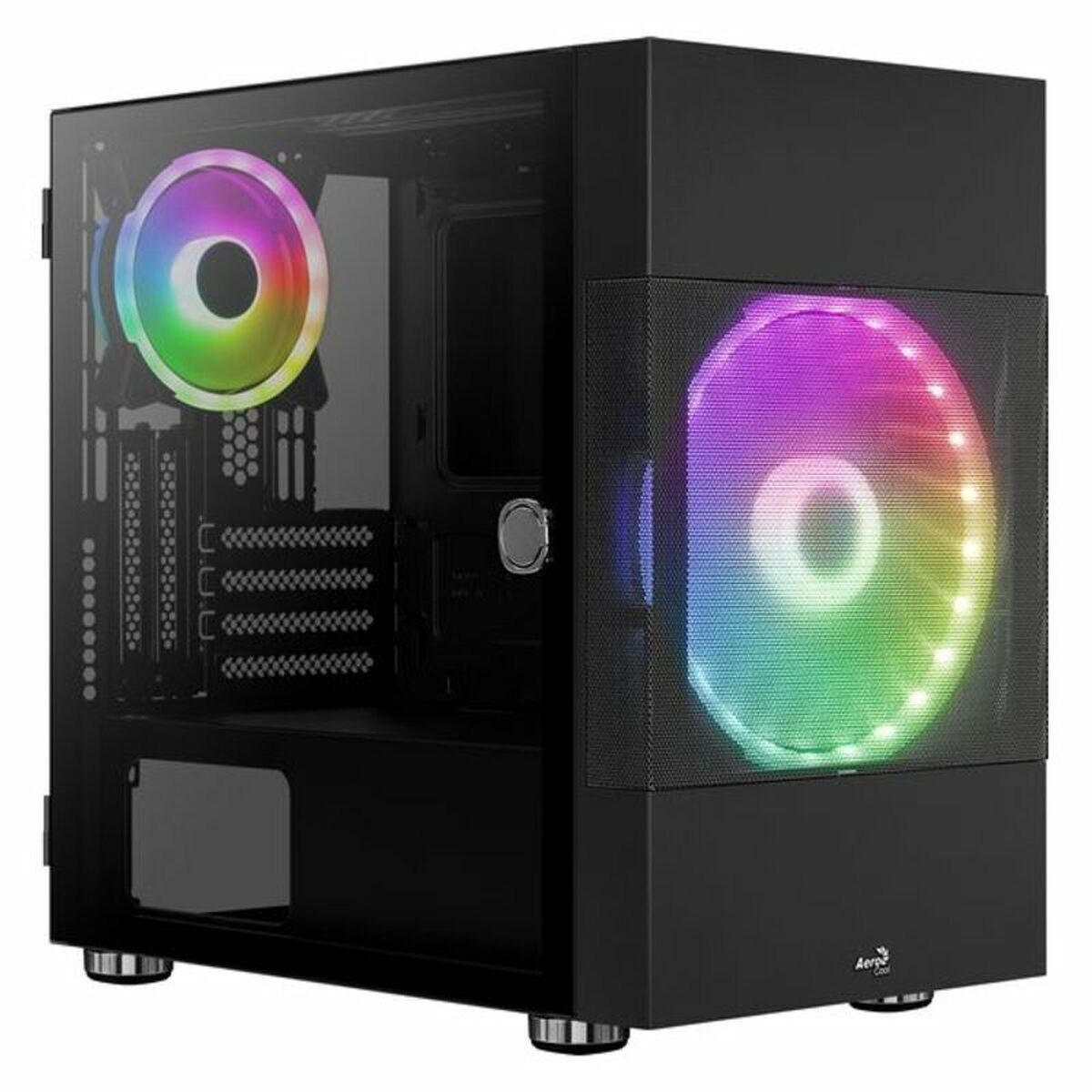 Un case per computer nero con ventole RGB e un pannello laterale in vetro.