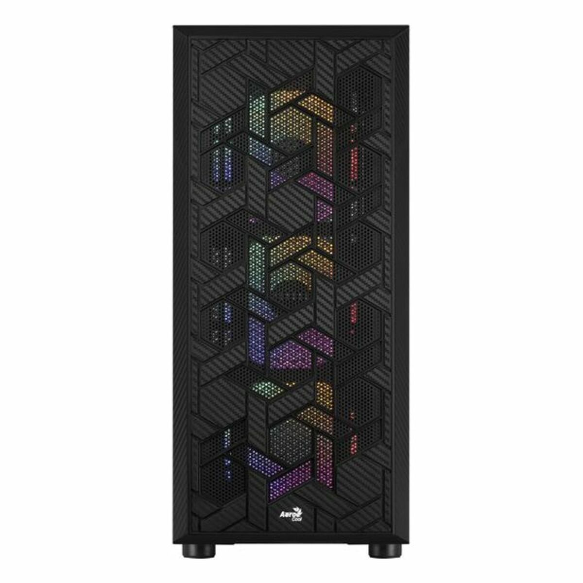 Czarna obudowa komputera z geometrycznym panelem przednim z siatki i kolorowymi światłami w środku.