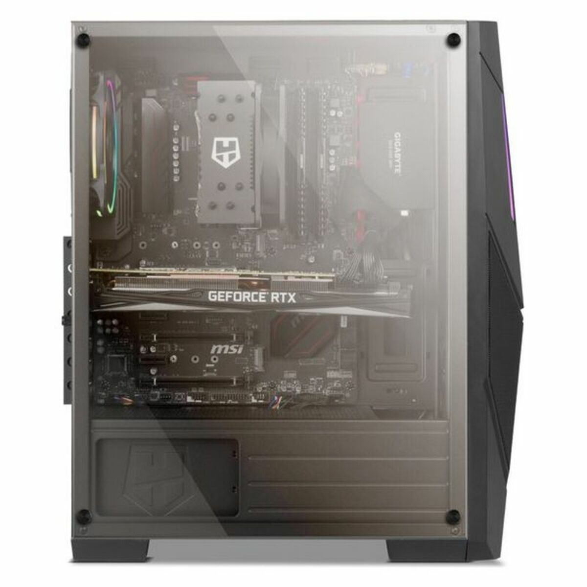 Obudowa komputera z widocznymi elementami wewnętrznymi przez szklany panel.