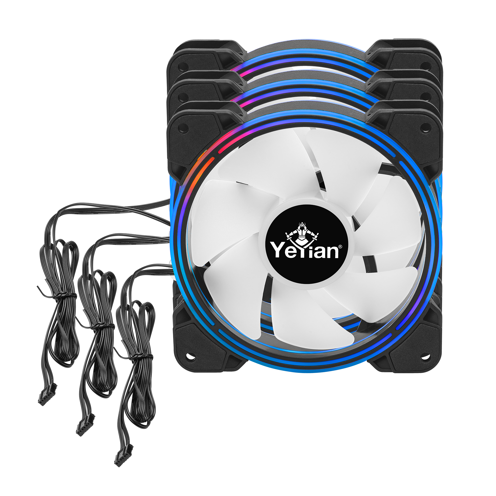 Cuatro ventiladores de PC con aspas blancas, marcos negros e iluminación RGB en los bordes.