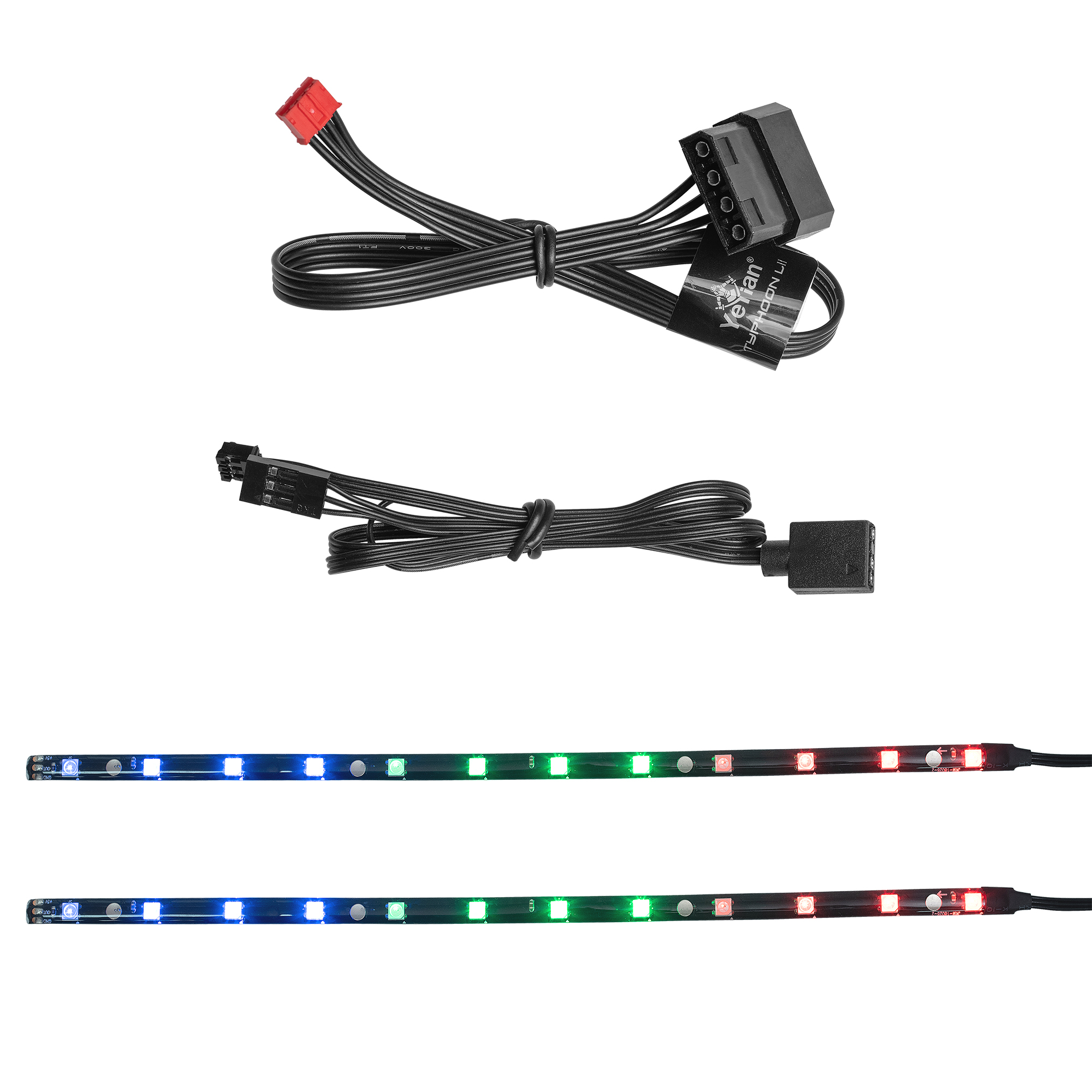 Tres tiras de luces LED RGB con cables de conexión. Las tiras están sobre un fondo blanco.