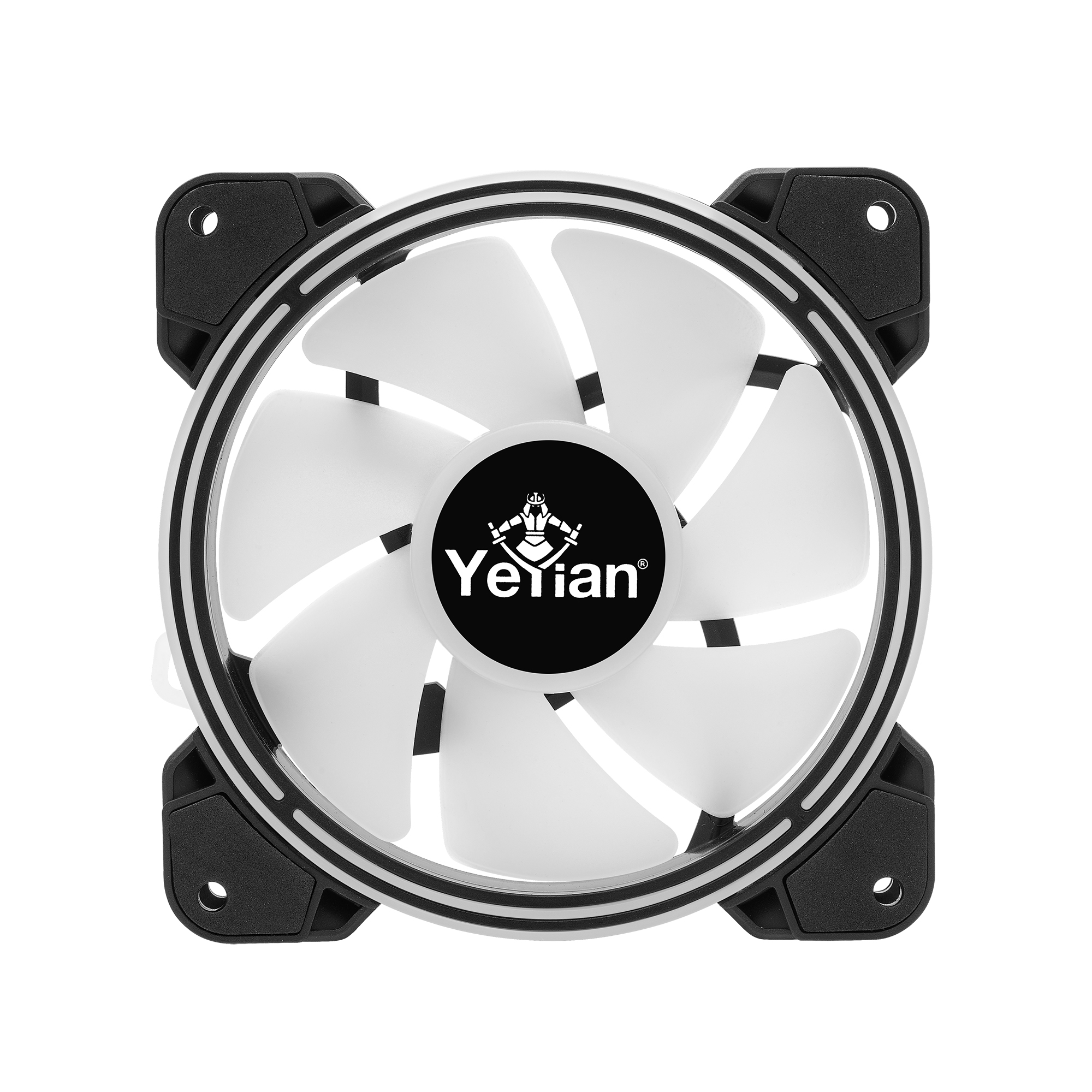 Ventilador de ordenador con aspas blancas, marco negro y un logo. Fondo blanco.