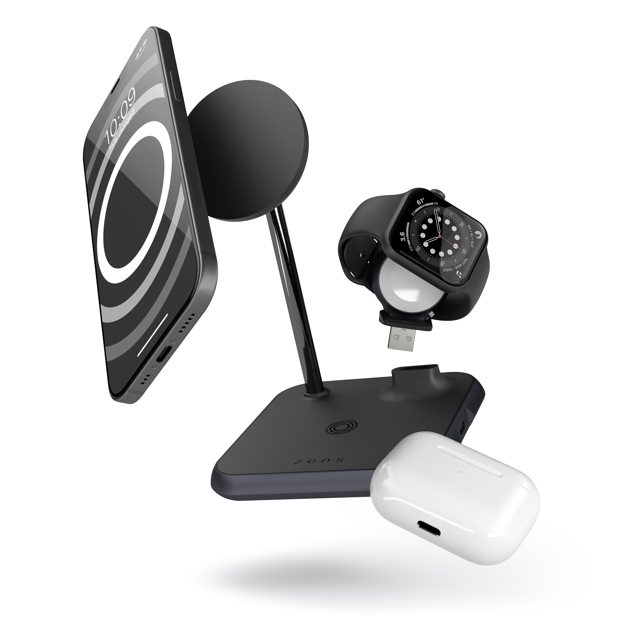 Telefono nero, smartwatch e auricolari su un supporto di ricarica, tutto su sfondo bianco.