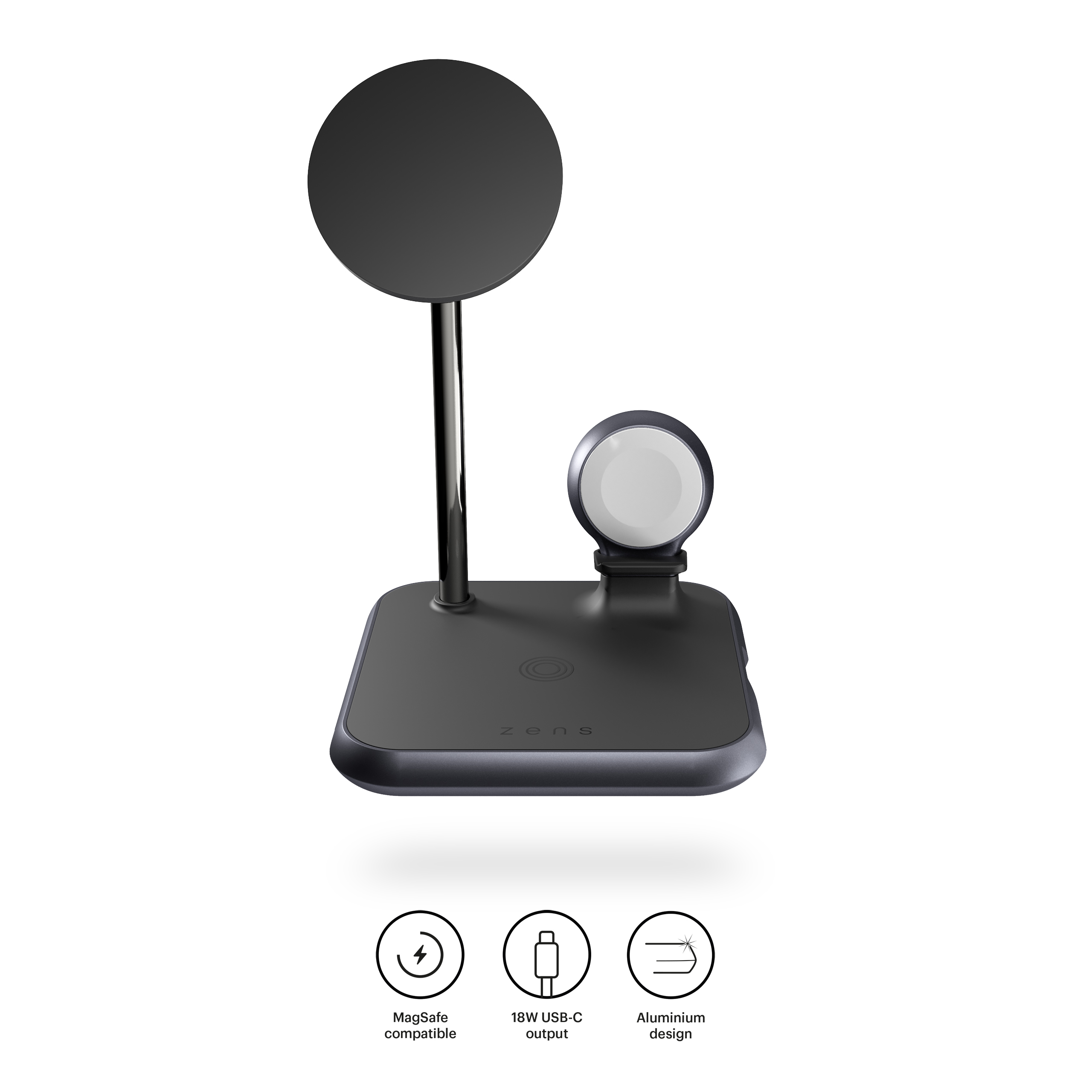 Supporto di ricarica wireless nero con caricabatterie MagSafe, caricatore per orologio e base.