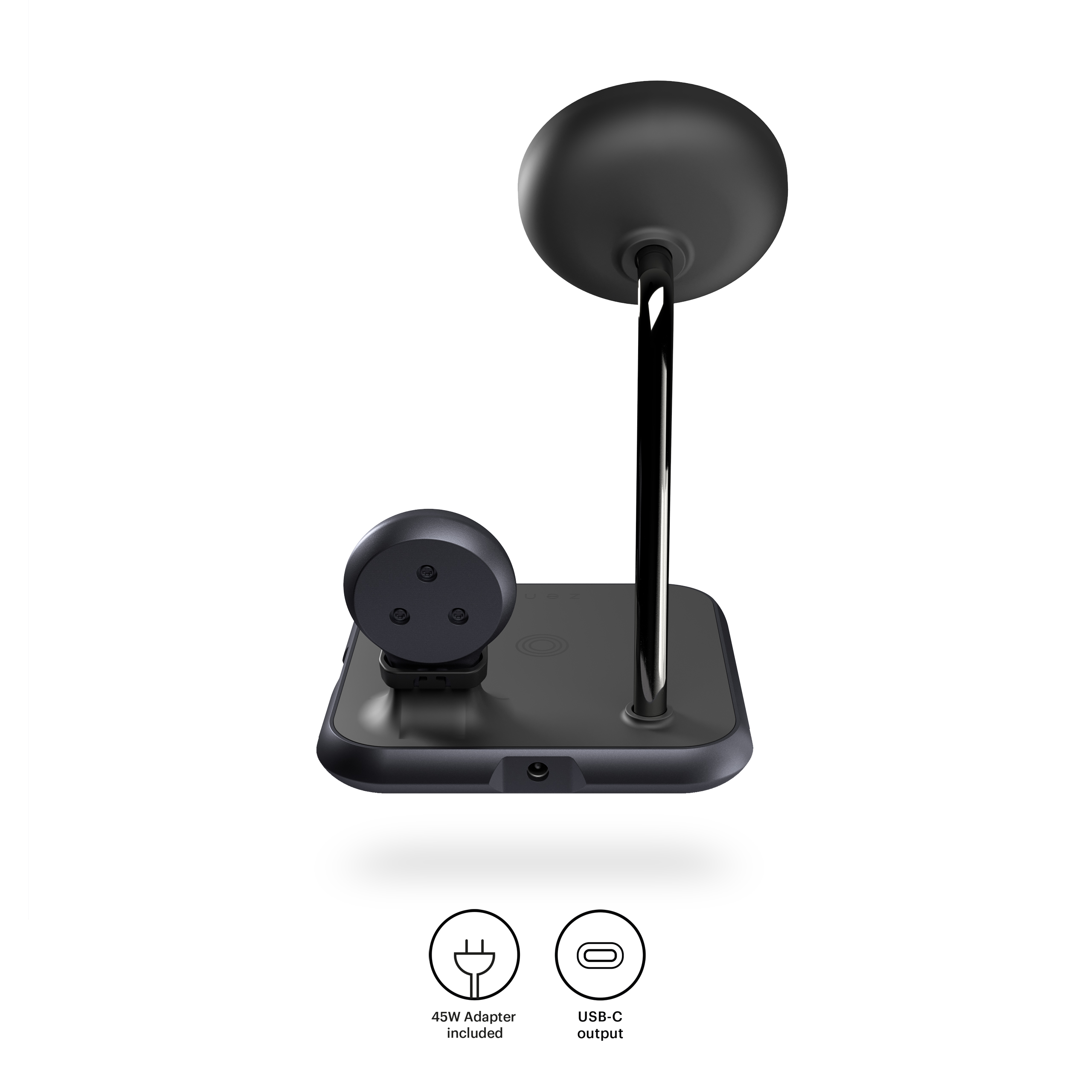 Stazione di ricarica nera con supporto per telefono, caricatore per orologio e base. USB e adattatore inclusi.