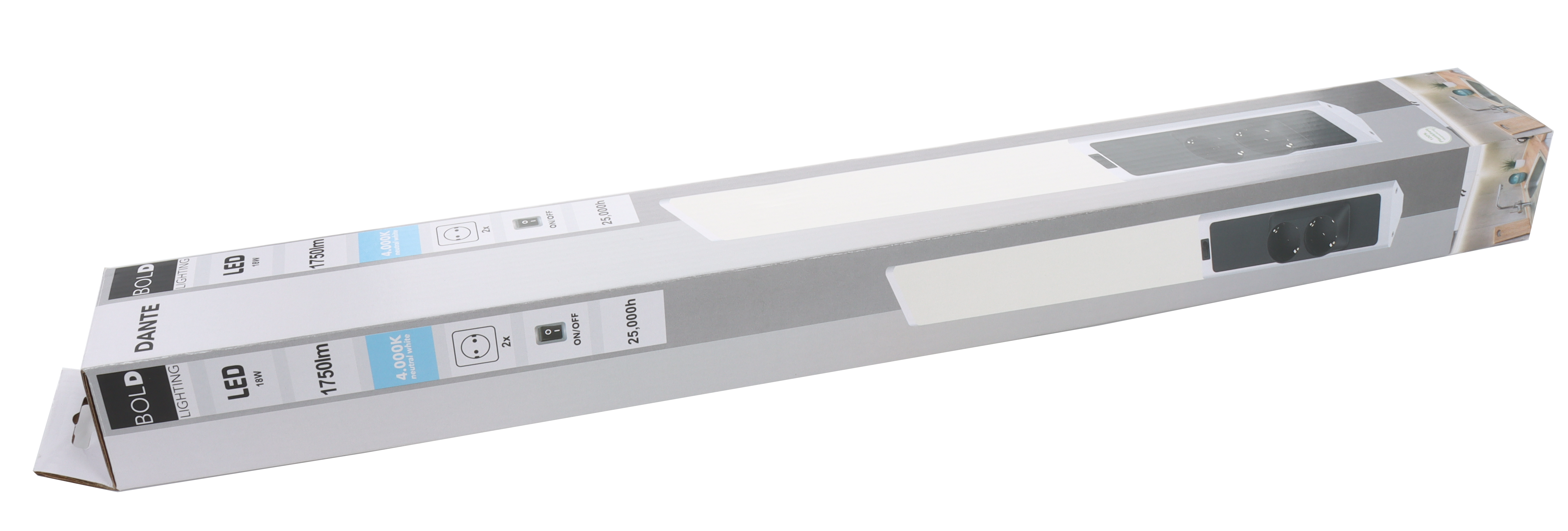 Lange Box mit weißem LED-Licht, mit Text: DANTE BOLD LED, 1750lm, 4000K, 25.000h.