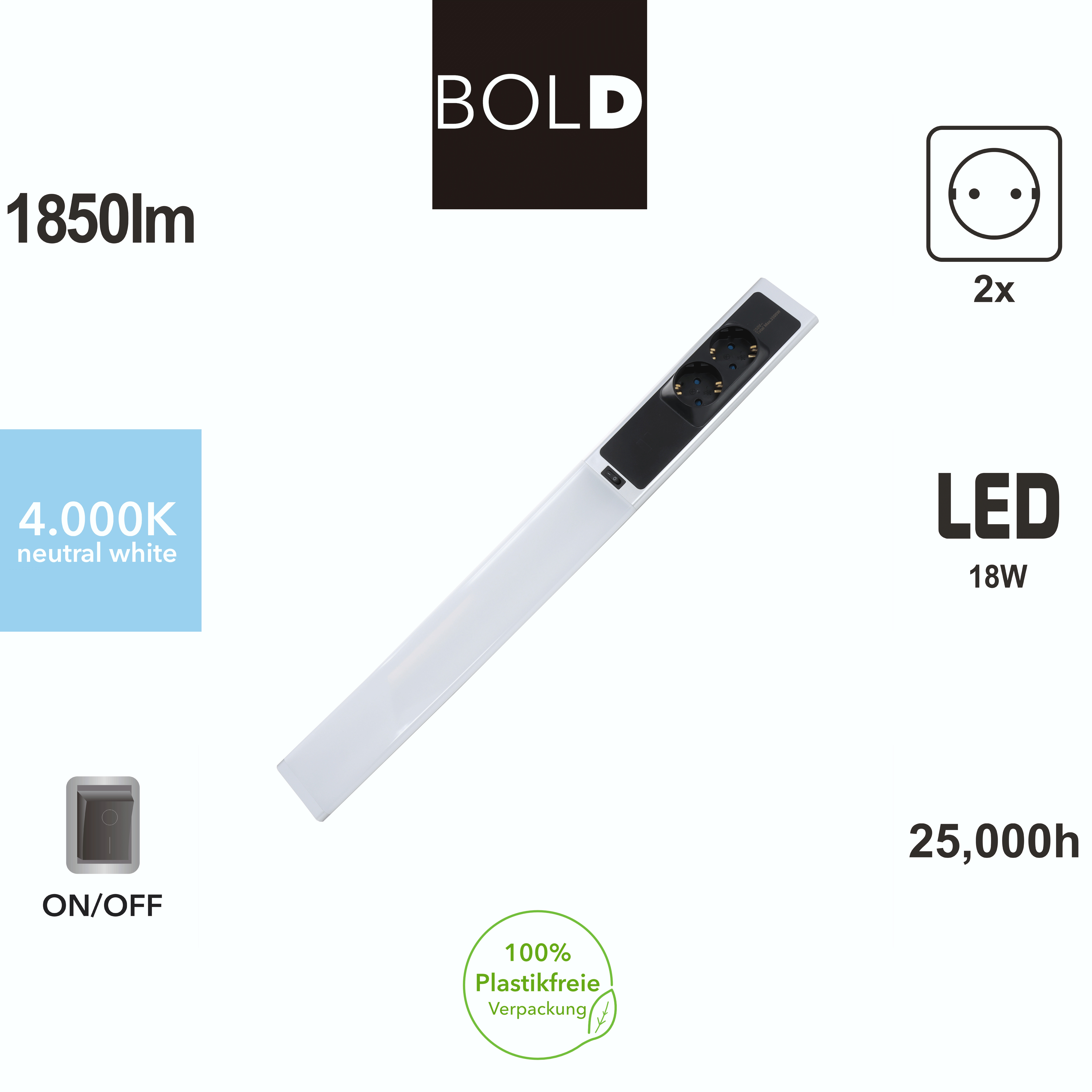 LED-Leuchte mit Spezifikationen: 1850 lm, 4.000 K, 18 W, 25.000 h, mit Steckdose und Ein-/Ausschalter.