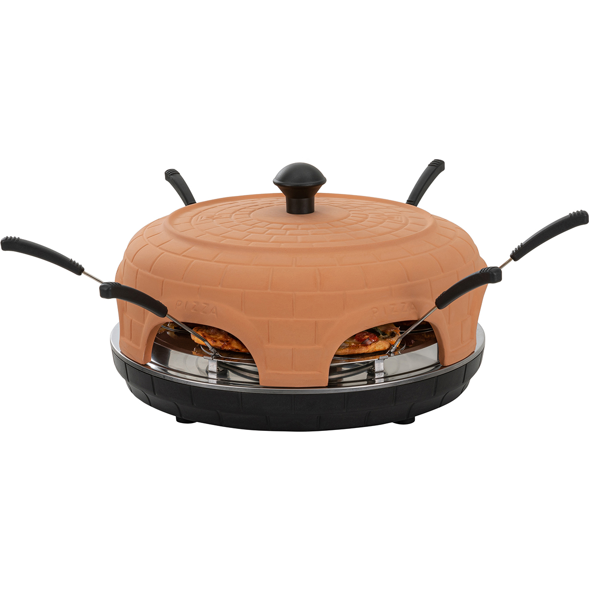 Ein Pizzaofen mit ziegelartigem Design. Zwei Pizzen sind innen sichtbar, mit schwarzen Griffen.