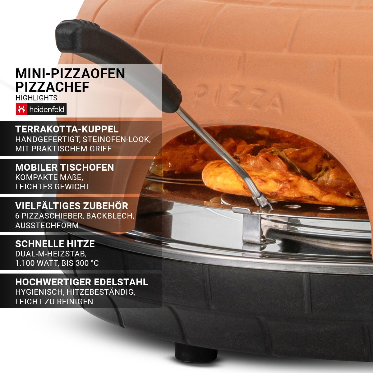 Mini-Pizzaofen mit Pizza im Inneren. Mit Text und einem Griff. Nahaufnahme.