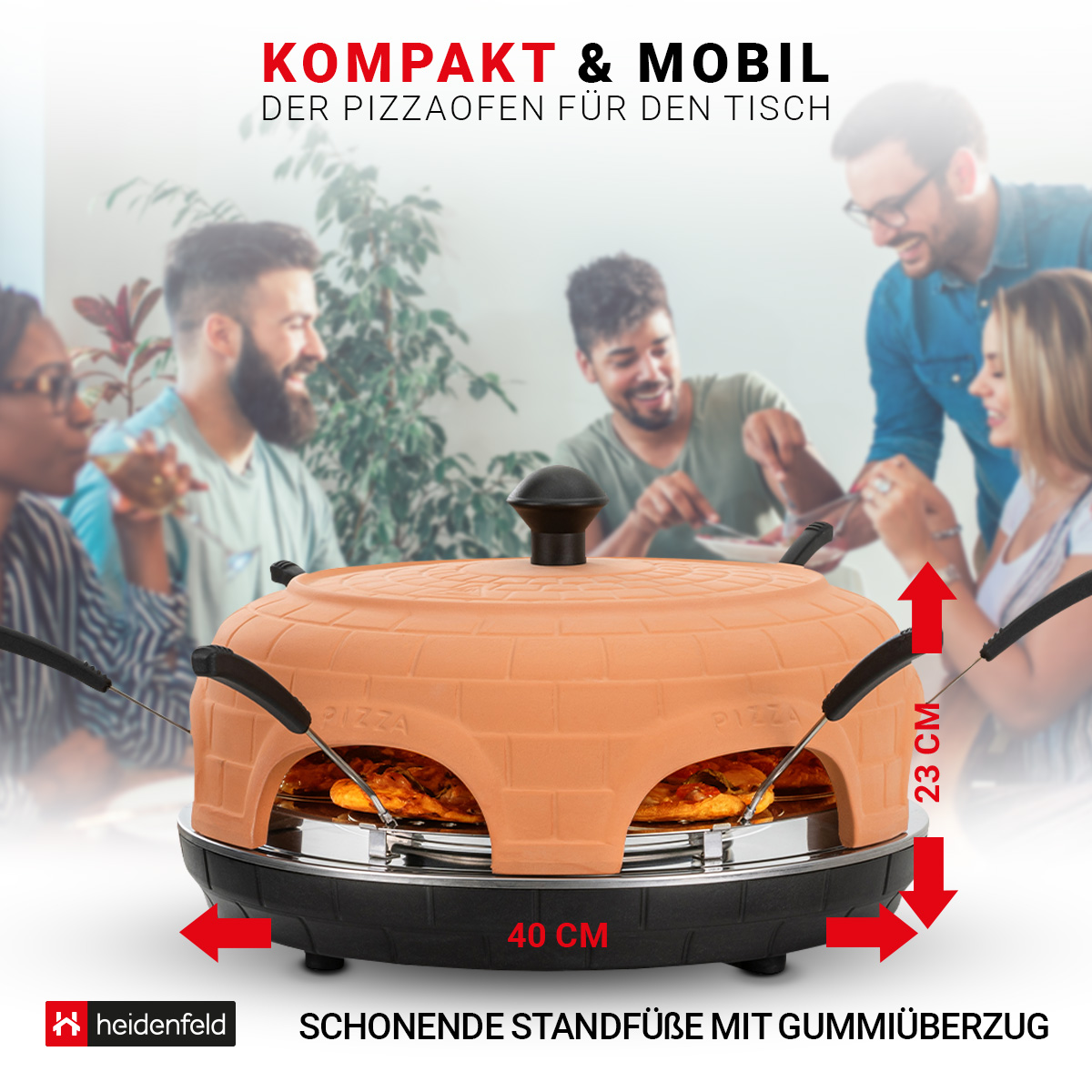 Pizzaofen auf einem Tisch. Personen im Hintergrund. Abmessungen werden gezeigt.