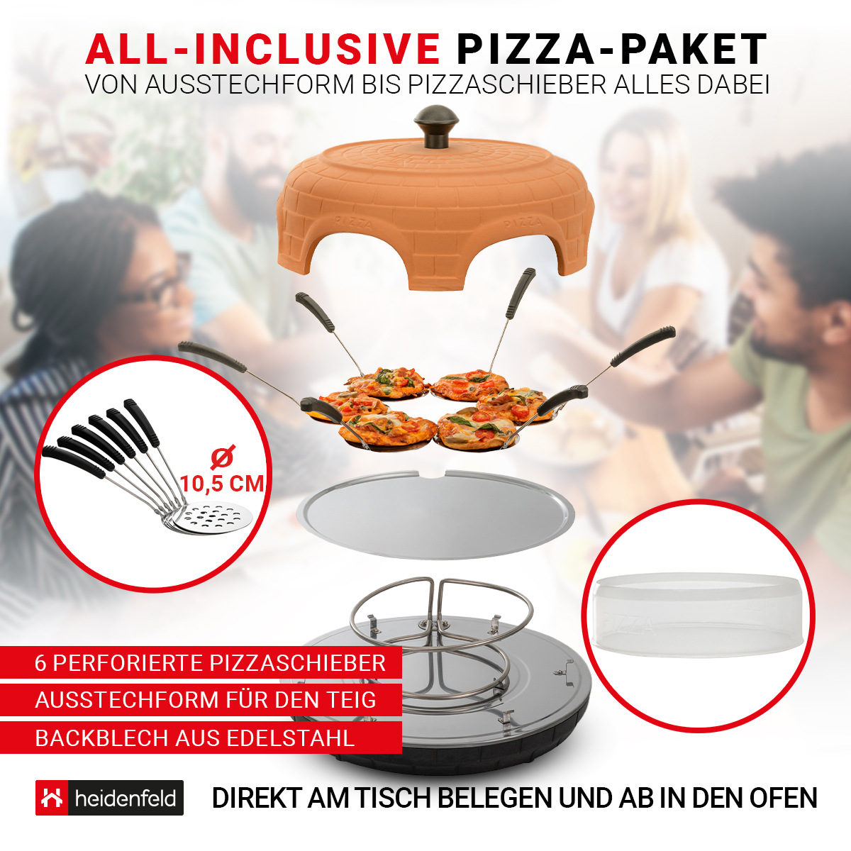 Pizza-Paket mit Ofen, Pfannen und Zutaten, Personen im Hintergrund.