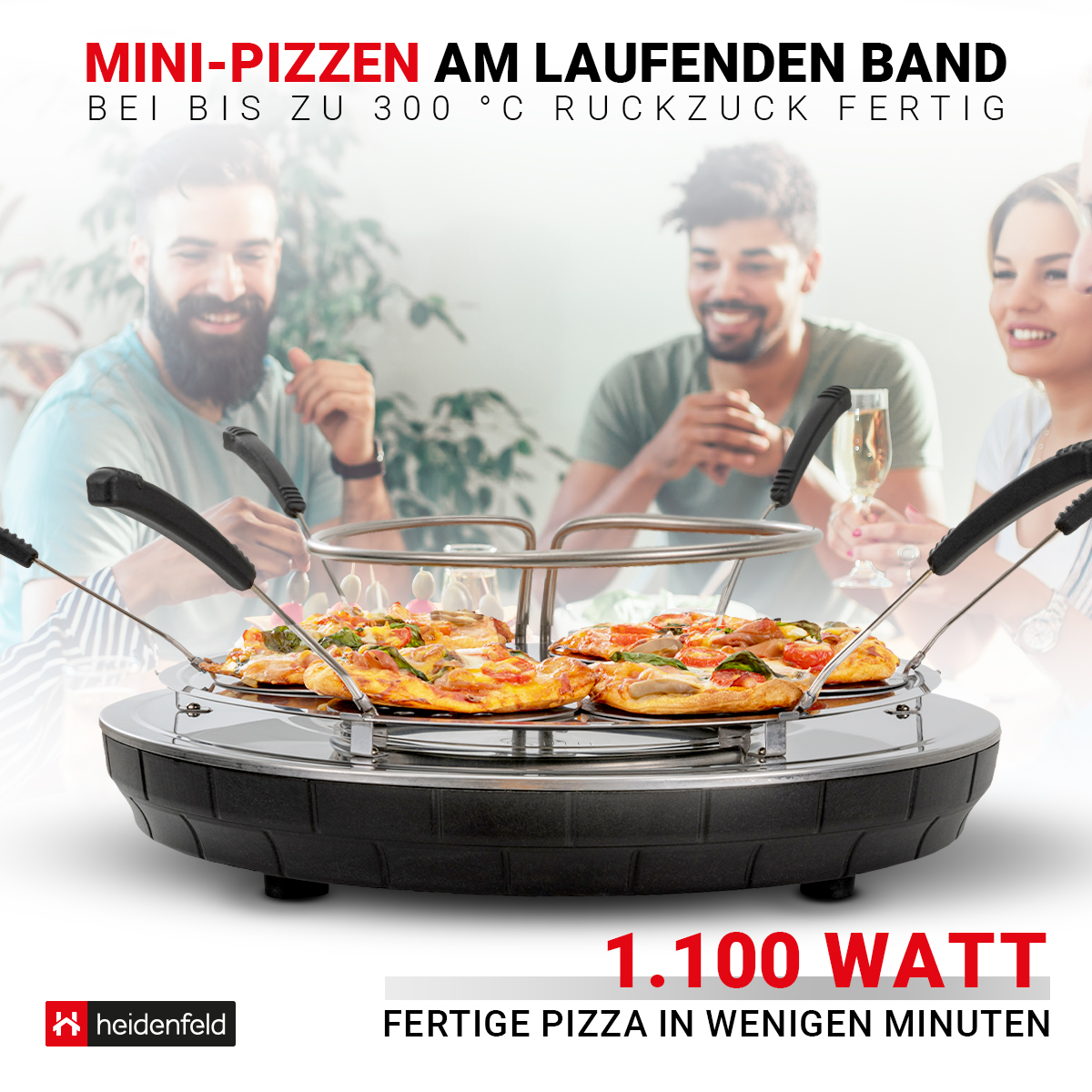 Menschen um einen Mini-Pizzaofen, mit Pizzas, die kochen, Text sagt 'Mini-Pizzas schnell fertig'.