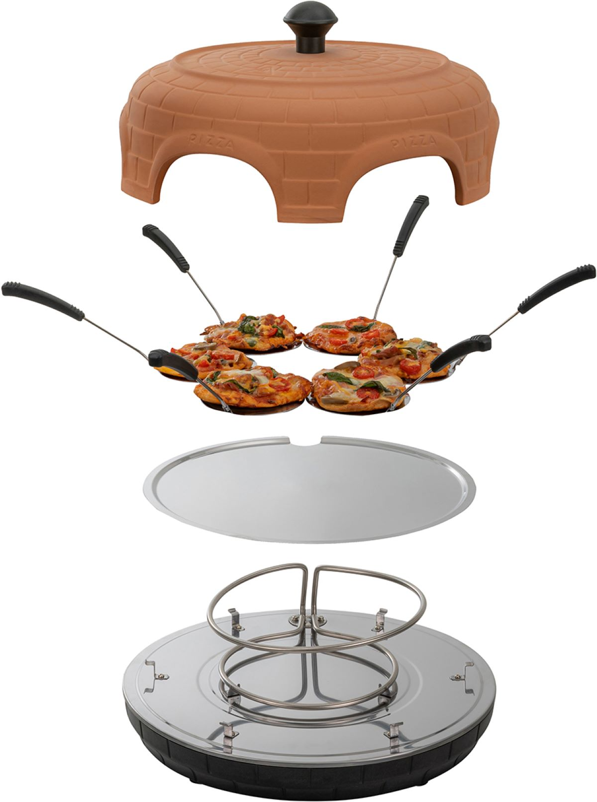Pizzaofen mit Pizzen auf Pfannen. Verschiedene Komponenten sind getrennt. Weißer Hintergrund.