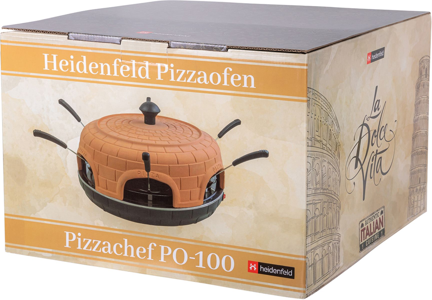 Pizzaofen in einer Schachtel mit Text und Bildern. Die Schachtel ist orange und braun.