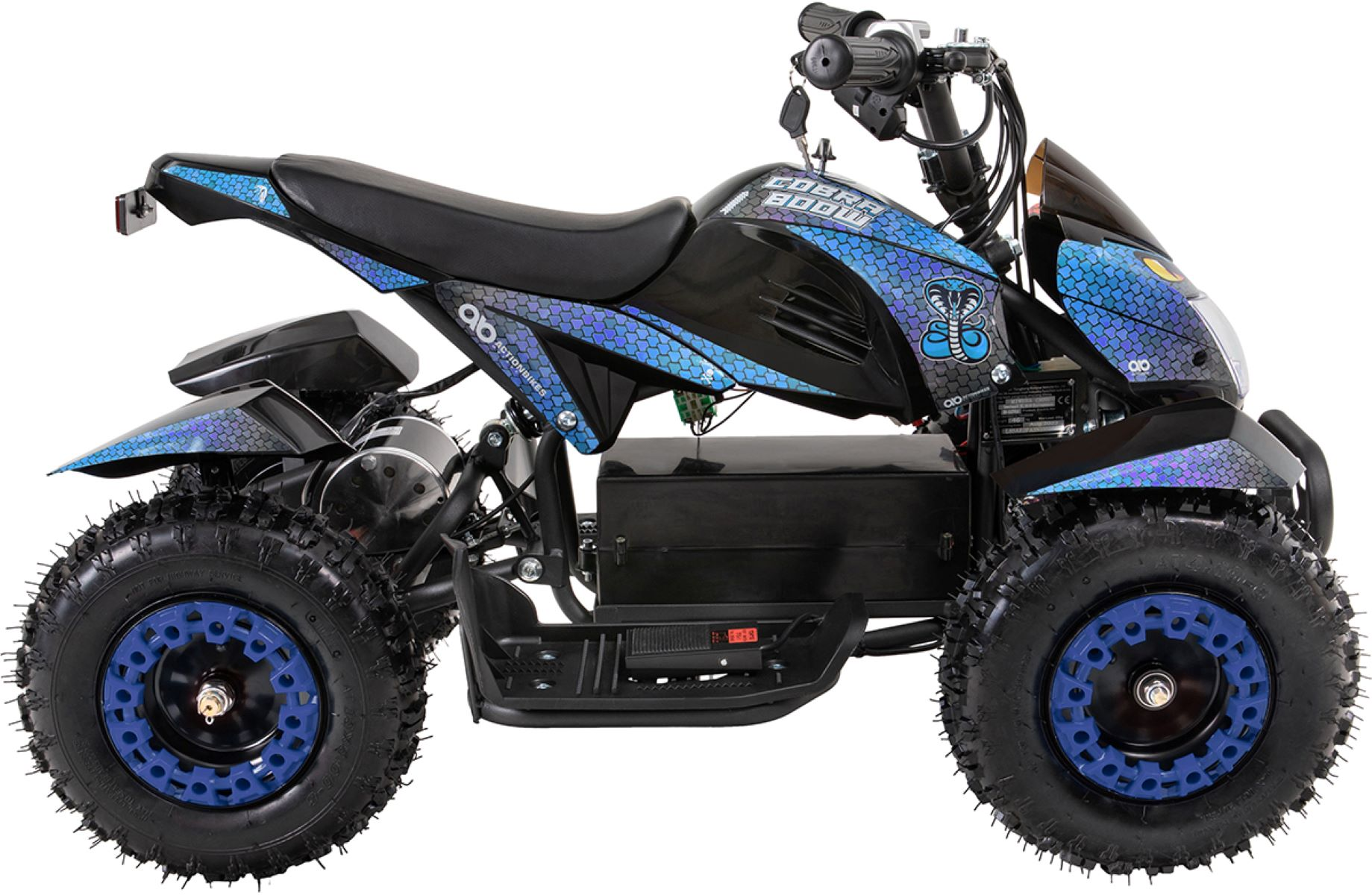 Schwarz-blaues Kinder-Quad mit blau-schwarzem Design.