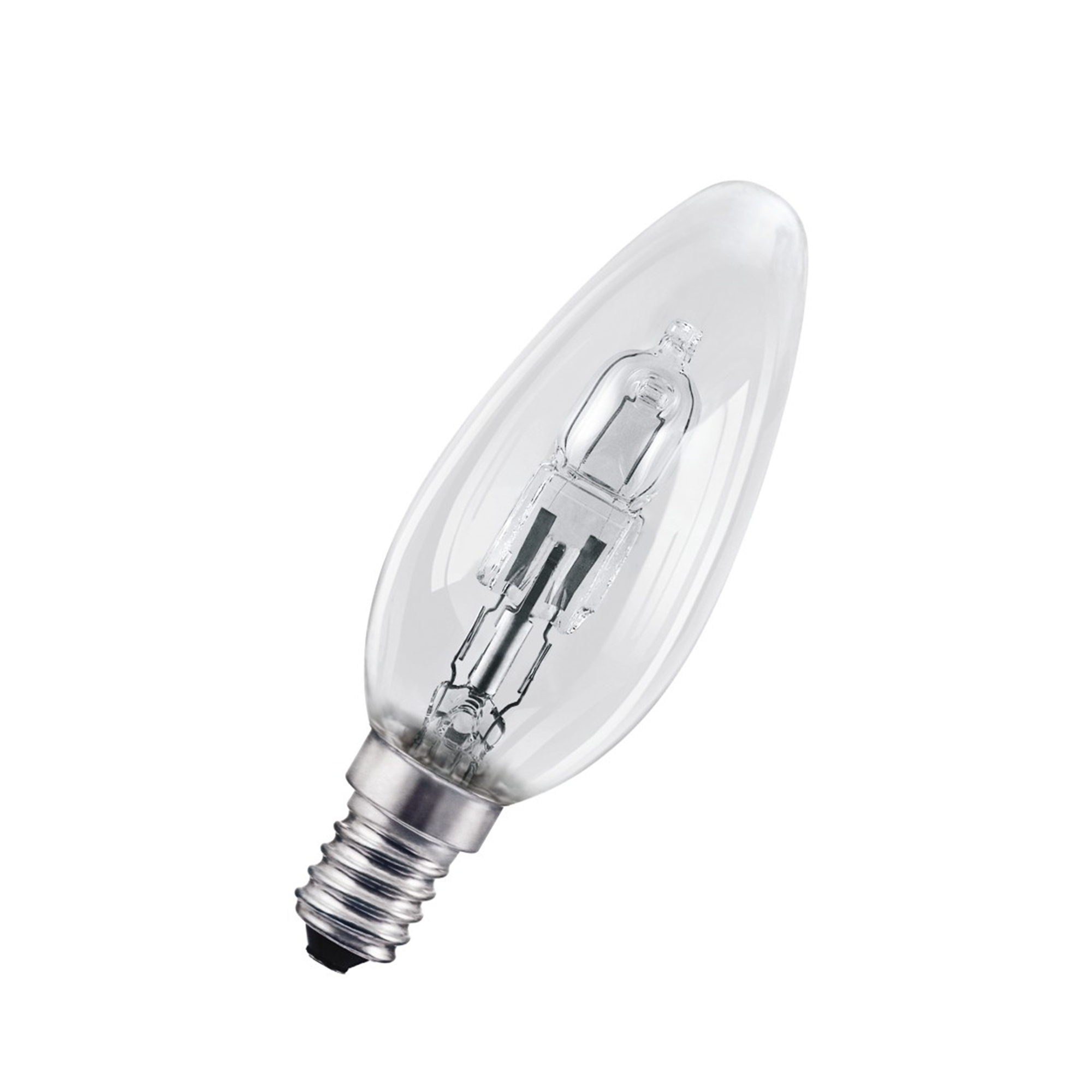 Ampoule transparente avec socle argenté sur fond blanc.