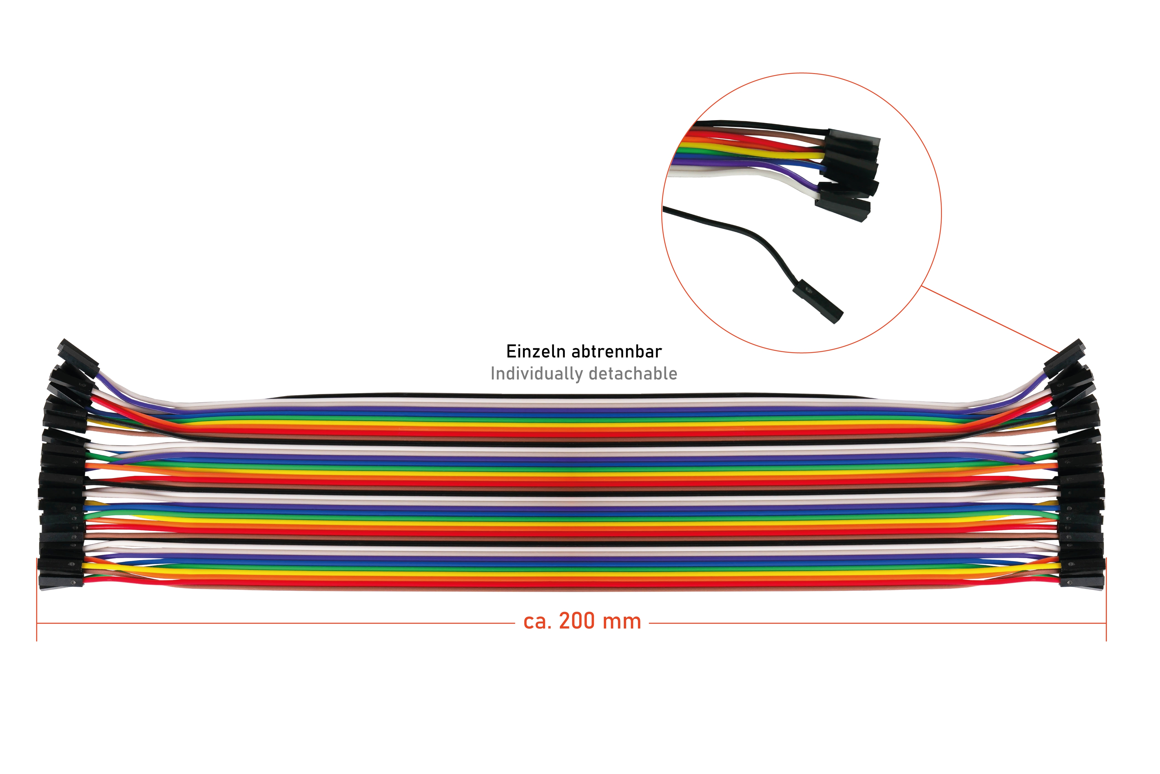 Mehrere Jumper-Drähte mit verschiedenen Farben. Sie sind einzeln abtrennbar und ca. 200 mm lang.