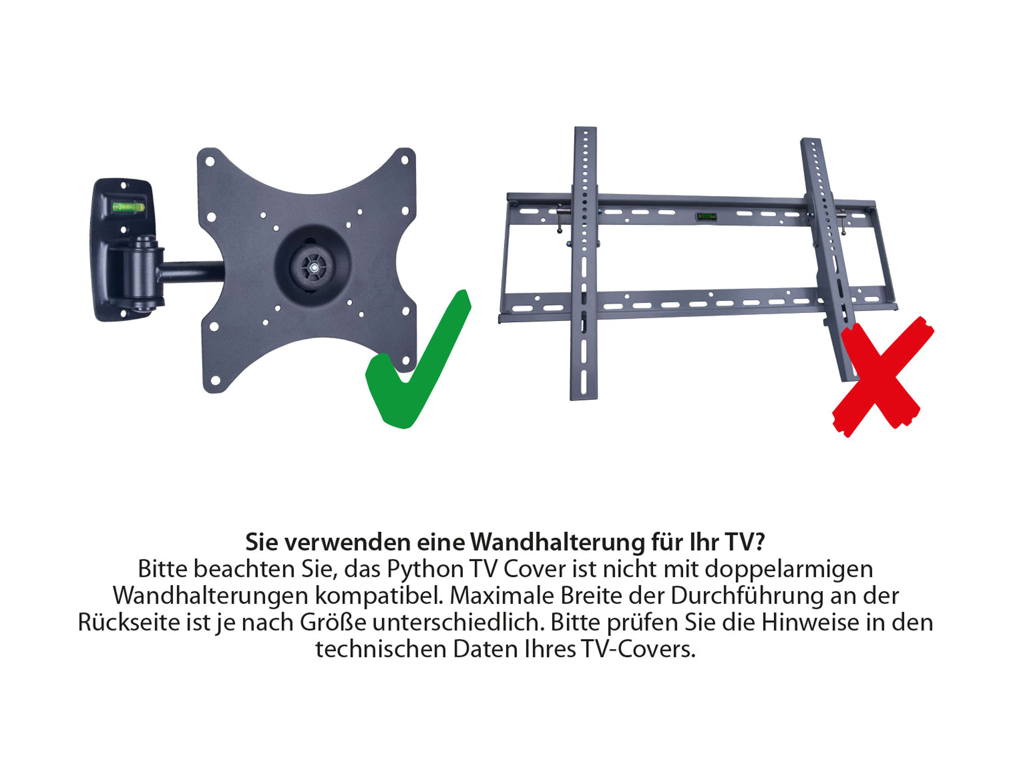 TV-Wandhalterung mit grünem Haken und rotem X. Weißer Hintergrund, Text.