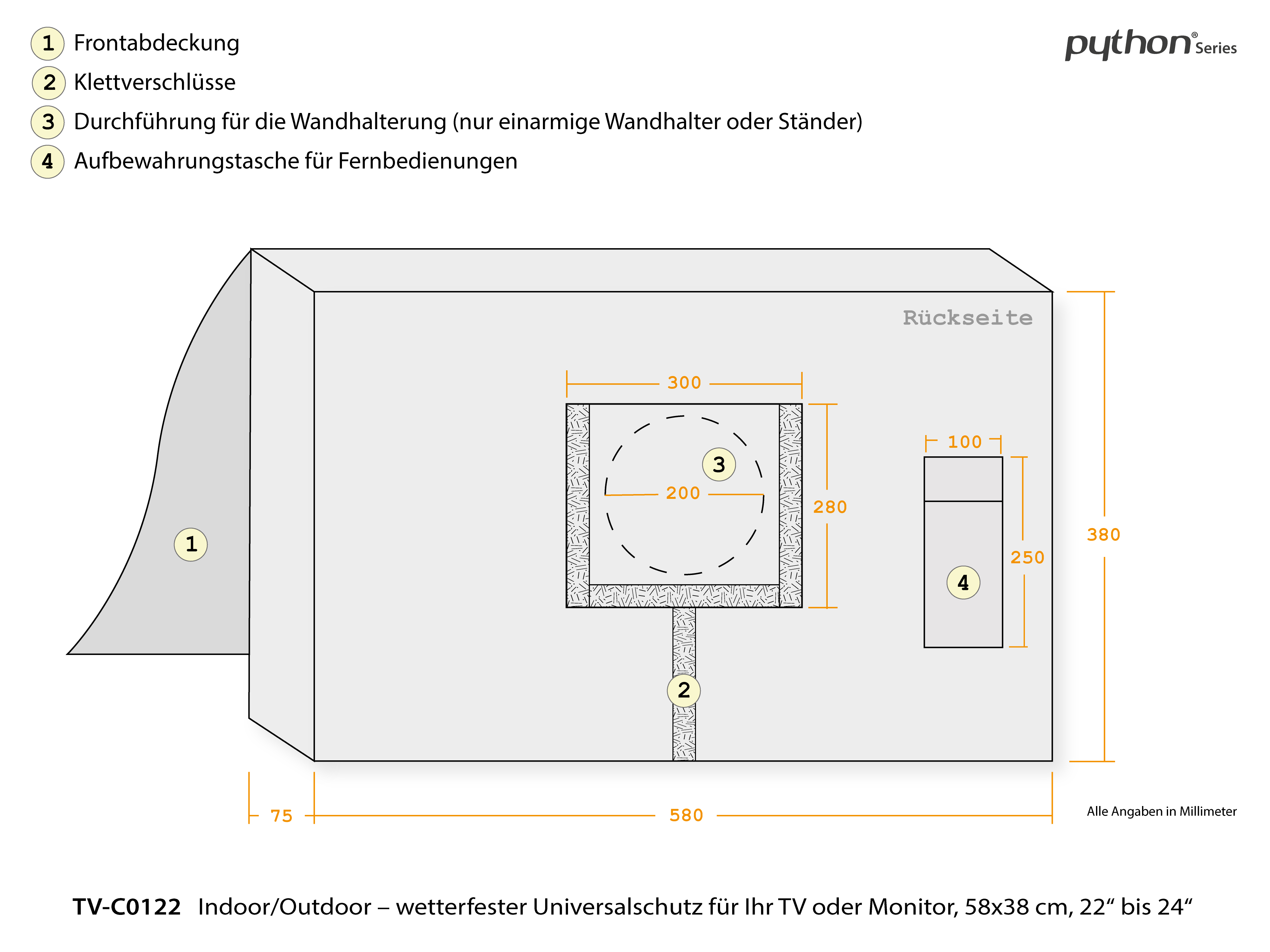 Eine Illustration einer TV-Abdeckung. Sie zeigt die Abmessungen und Teile mit Etiketten und Text auf Deutsch.