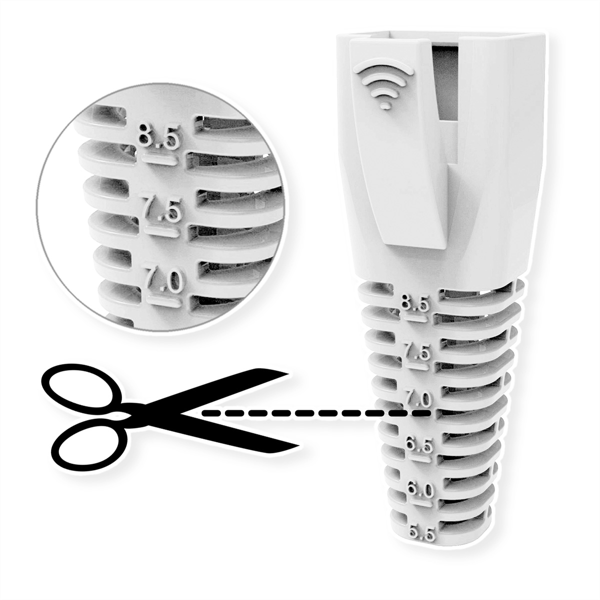 Une pièce en plastique blanc avec des chiffres et une icône de ciseaux, indiquant des suggestions de coupe.