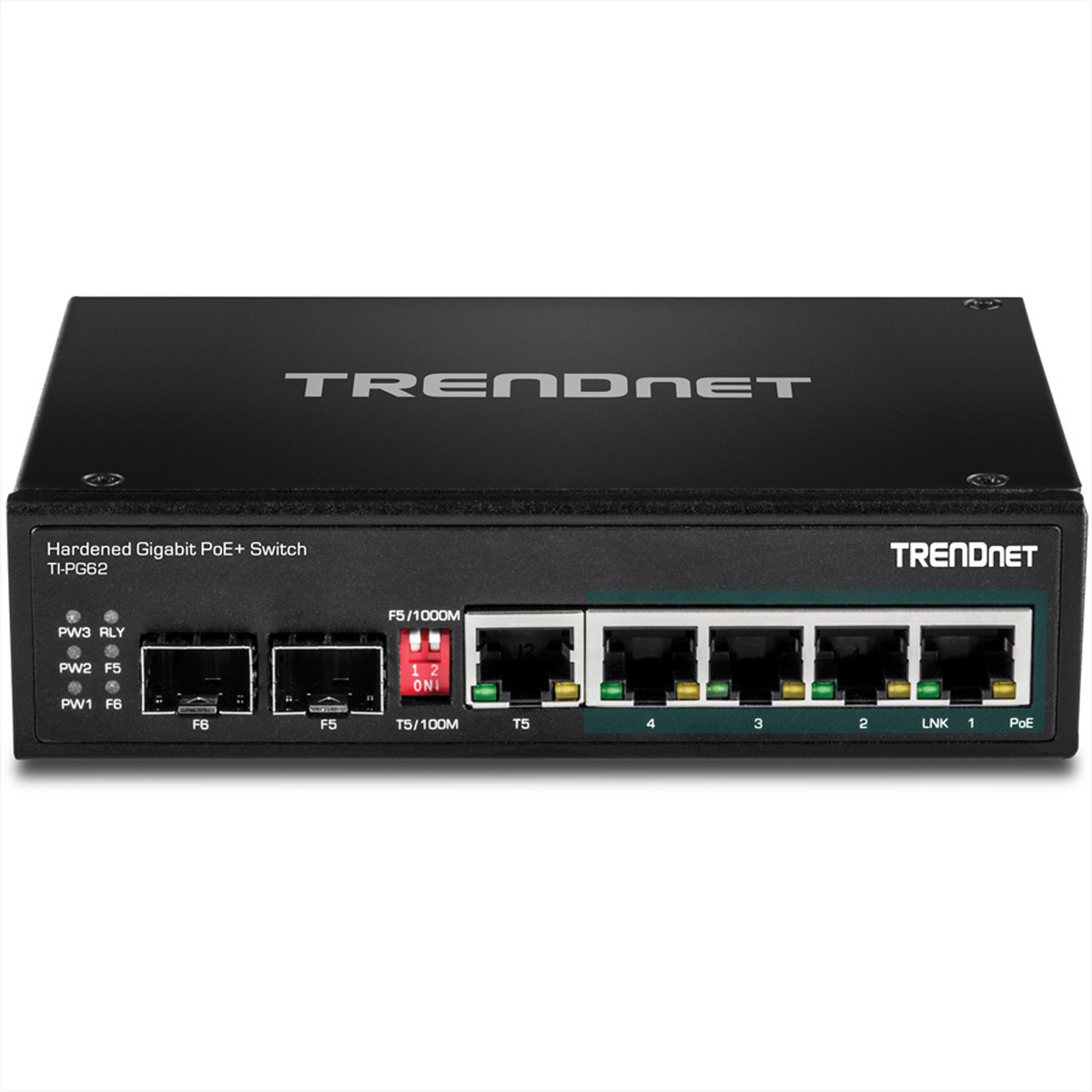 Ein schwarzer TRENDnet PoE+ Switch mit mehreren Anschlüssen, Kontrollleuchten und dem TRENDnet-Logo.