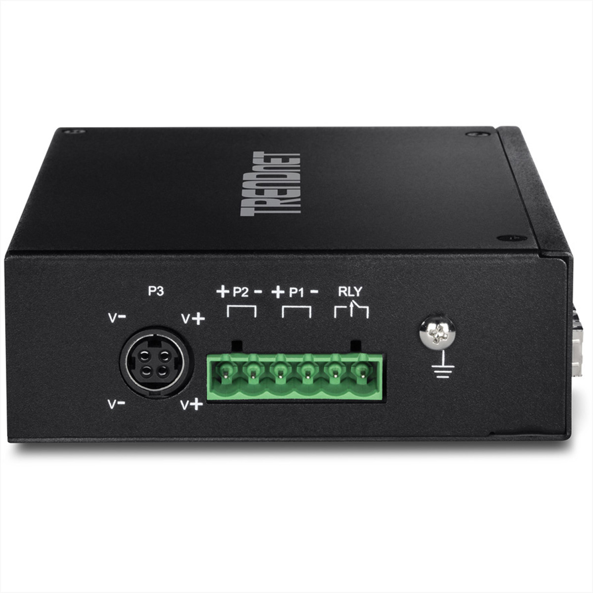 Schwarzes elektronisches Gerät. Hat Anschlüsse. Der Markenname TRENDnet ist sichtbar.