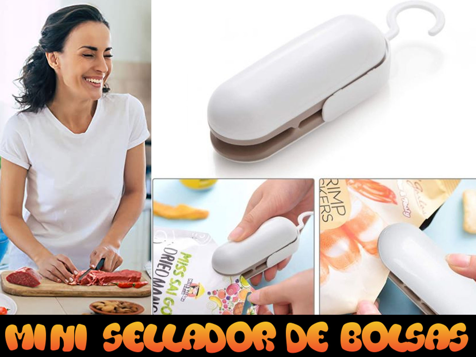 Mujer usando un sellador de bolsas. Otras fotos muestran el sellador sellando bolsas de alimentos.