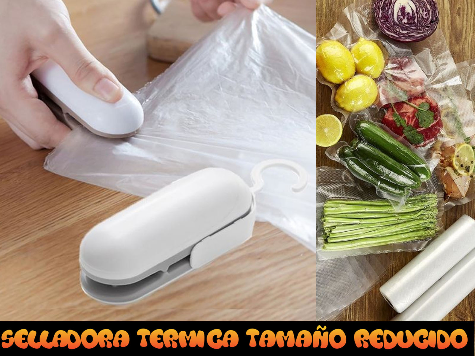 Sellador de vacío de alimentos, sellando una bolsa con verduras y frutas visibles en otras bolsas.