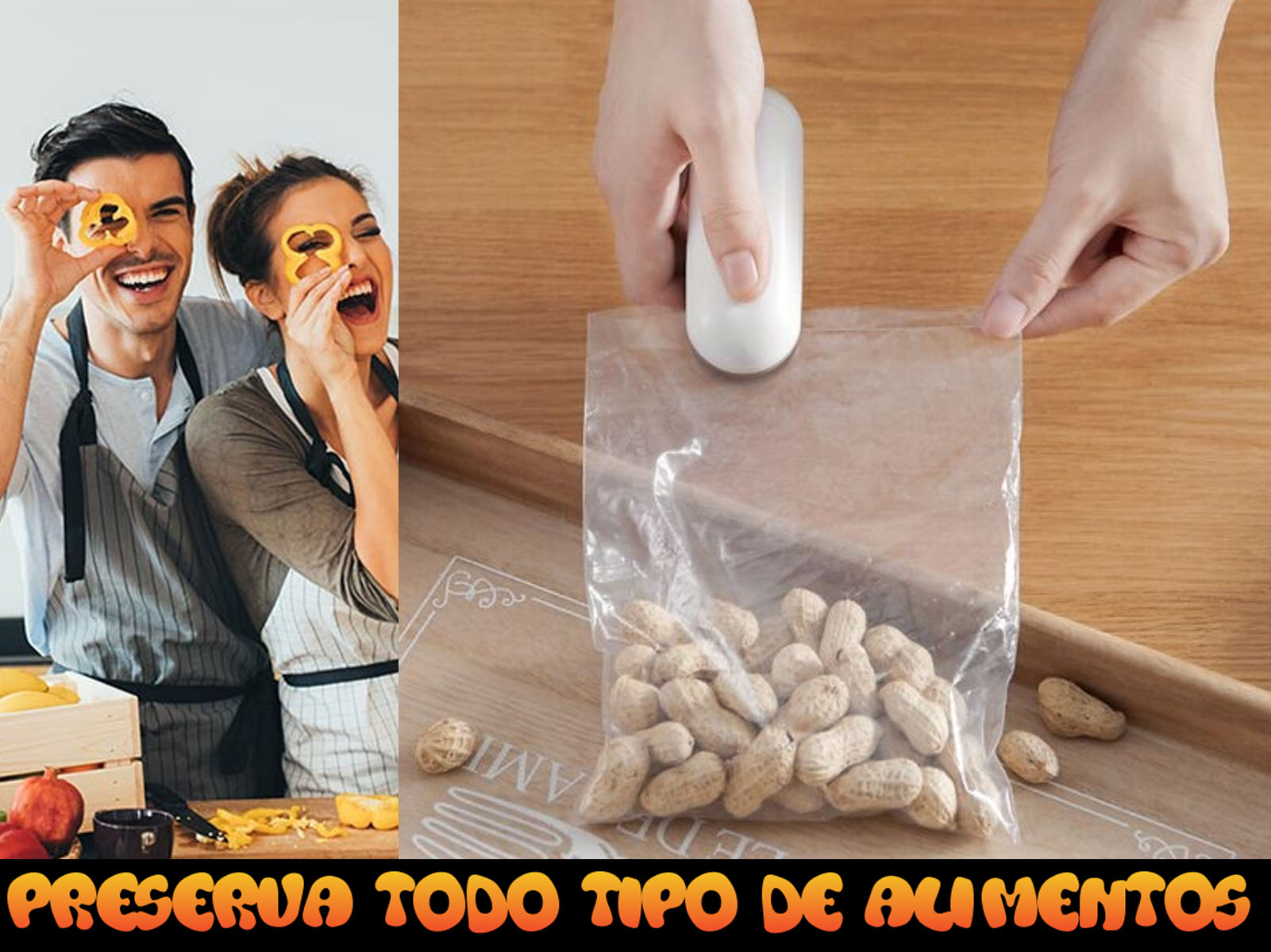 Pareja riendo, sosteniendo pimientos, y una persona sellando una bolsa de cacahuetes con un sellador.