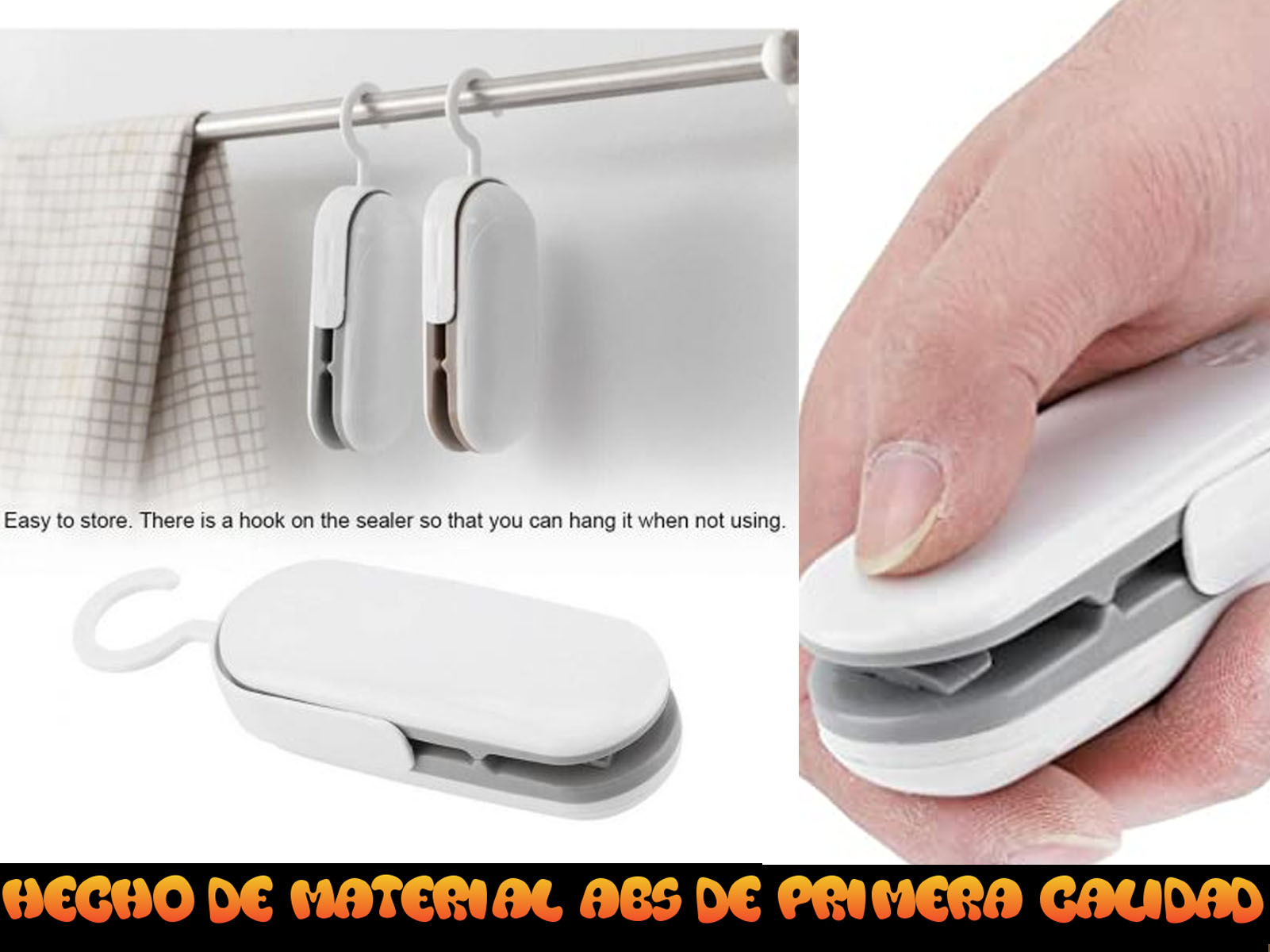 Sellador de bolsas de plástico blanco y gris con gancho. Texto en español. Mano sella bolsa en esquina.
