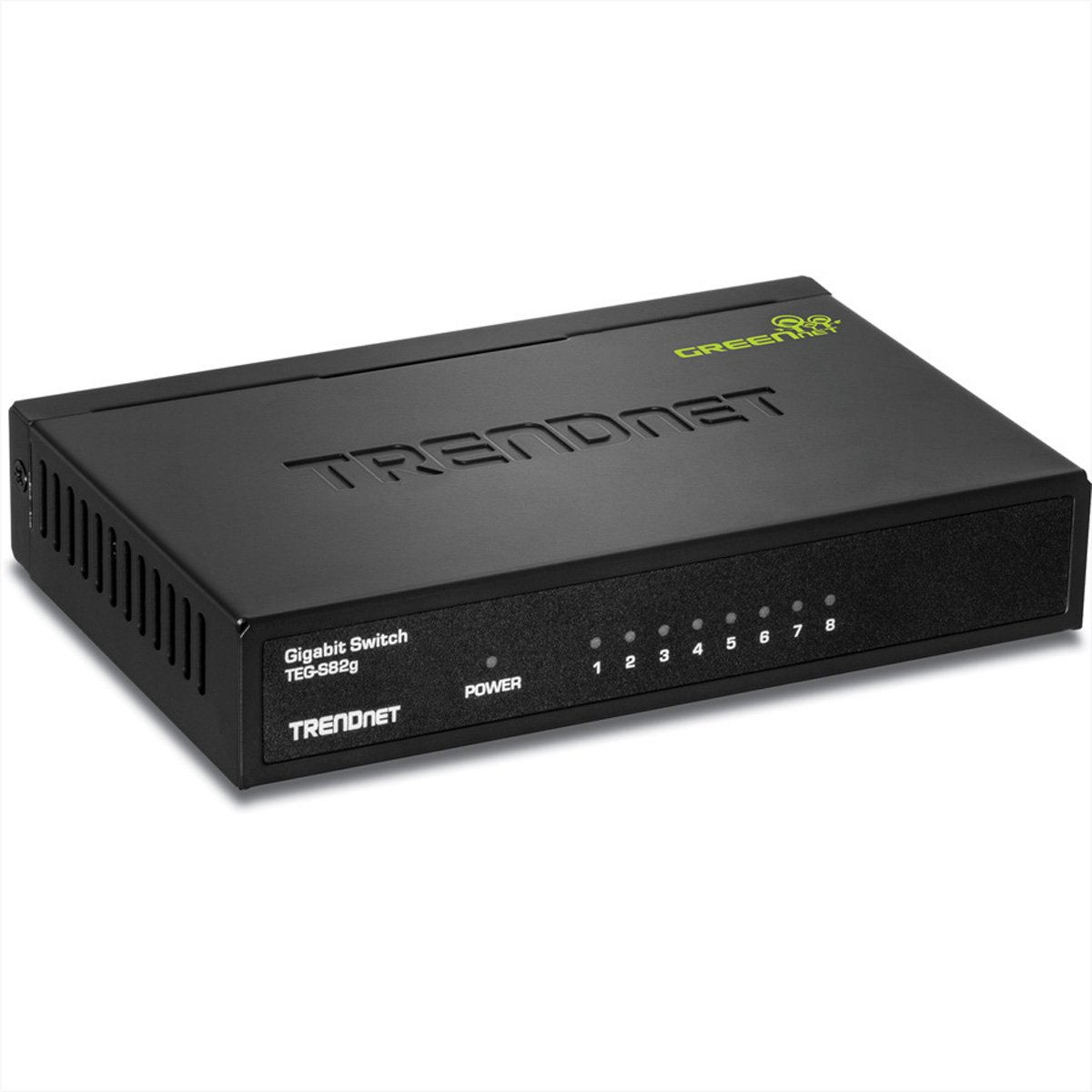 Ein schwarzer Trendnet Gigabit-Switch mit acht Ports und Betriebsanzeigen.